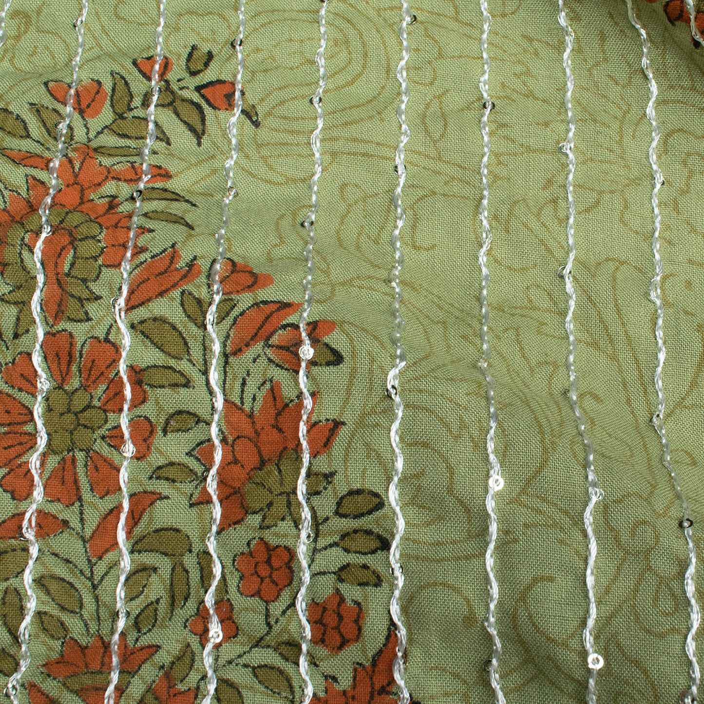 Sage Green And Orange Floral Pattern Sequins Embroidery Handblock Lizzy Bizzy Fabric