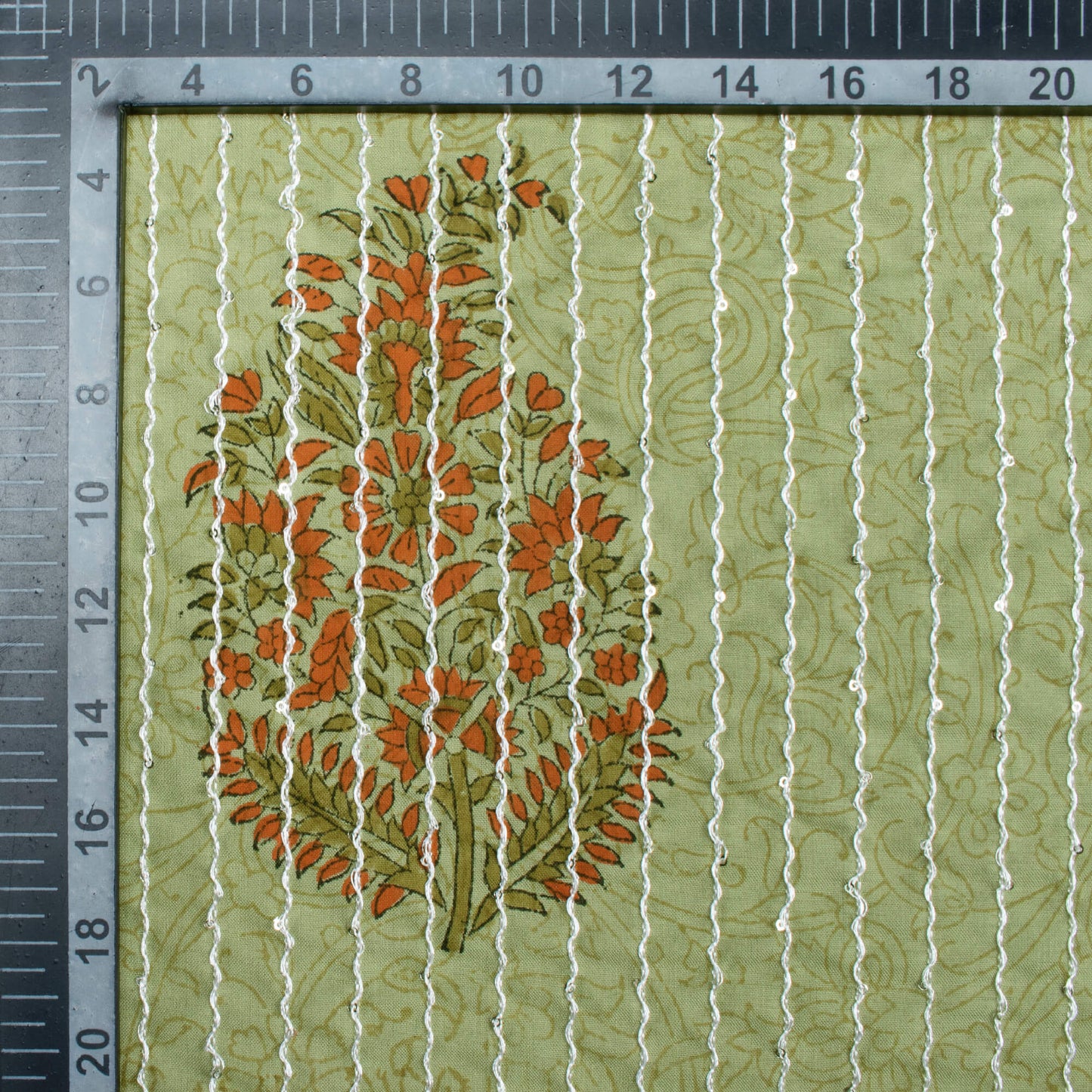 Sage Green And Orange Floral Pattern Sequins Embroidery Handblock Lizzy Bizzy Fabric