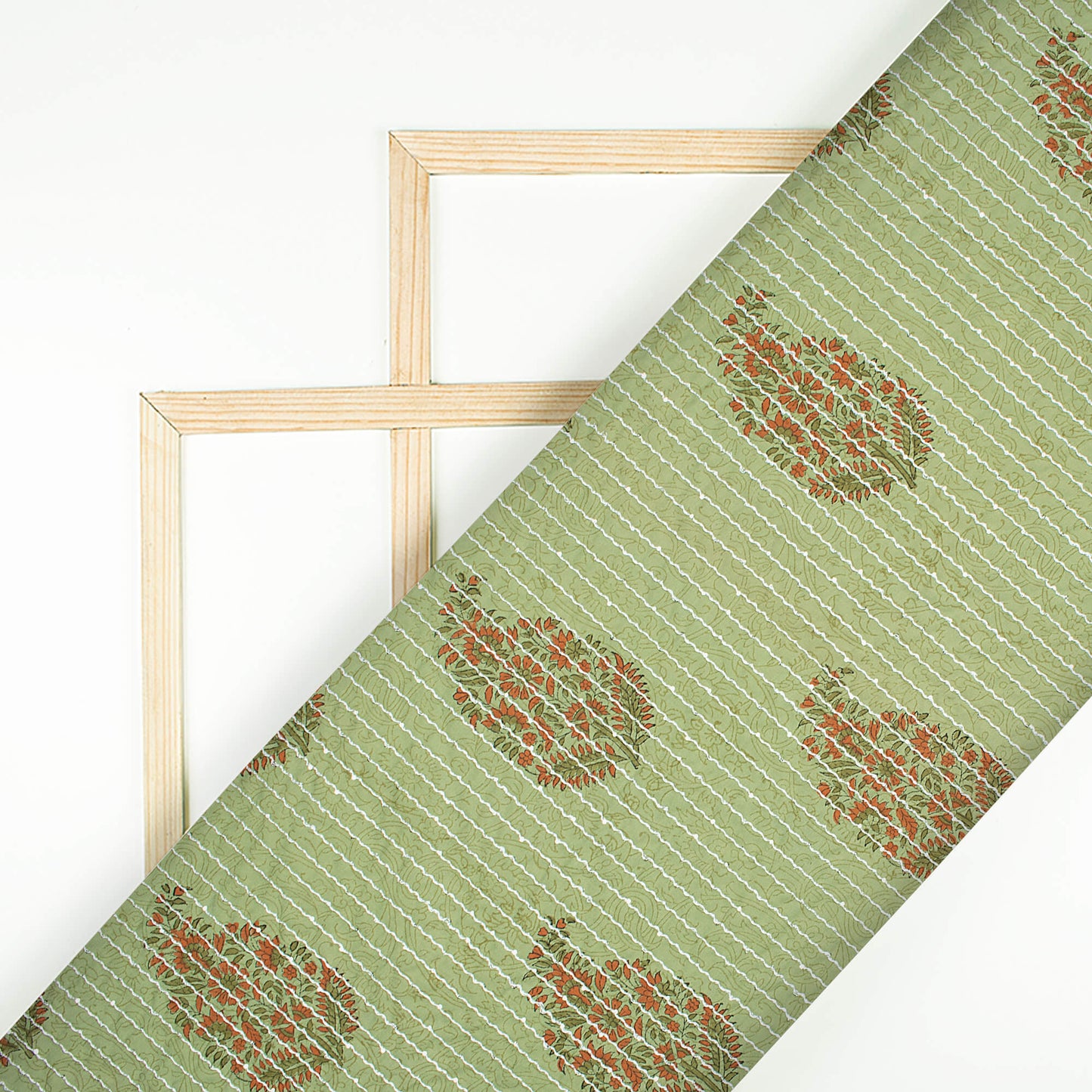 Sage Green And Orange Floral Pattern Sequins Embroidery Handblock Lizzy Bizzy Fabric