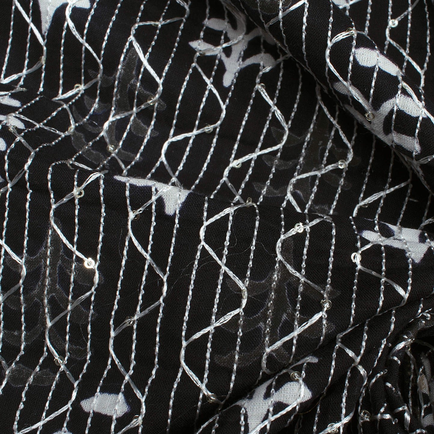 Monochrome Booti Pattern Sequins Embroidery Handblock Cotton Fabric