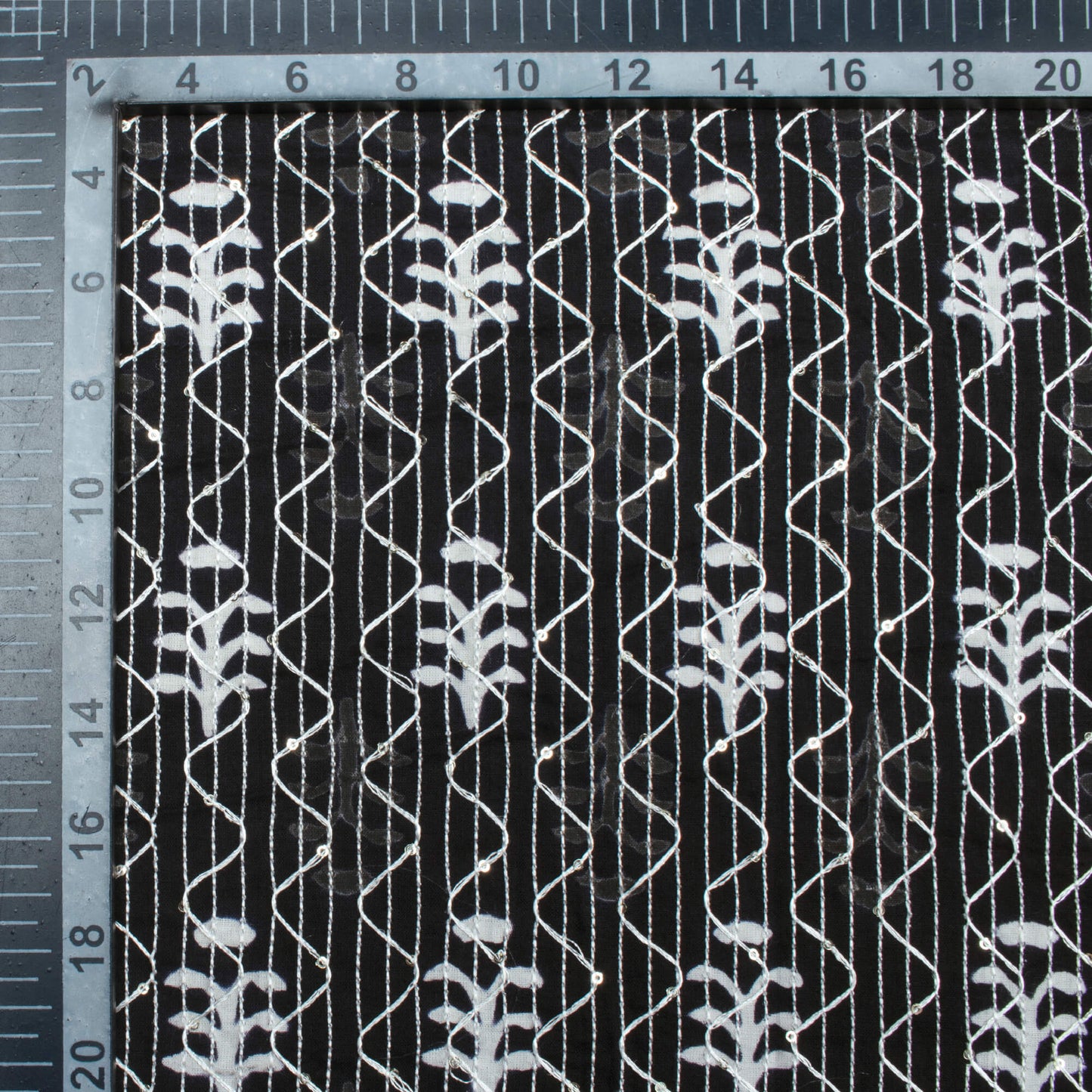 Monochrome Booti Pattern Sequins Embroidery Handblock Cotton Fabric