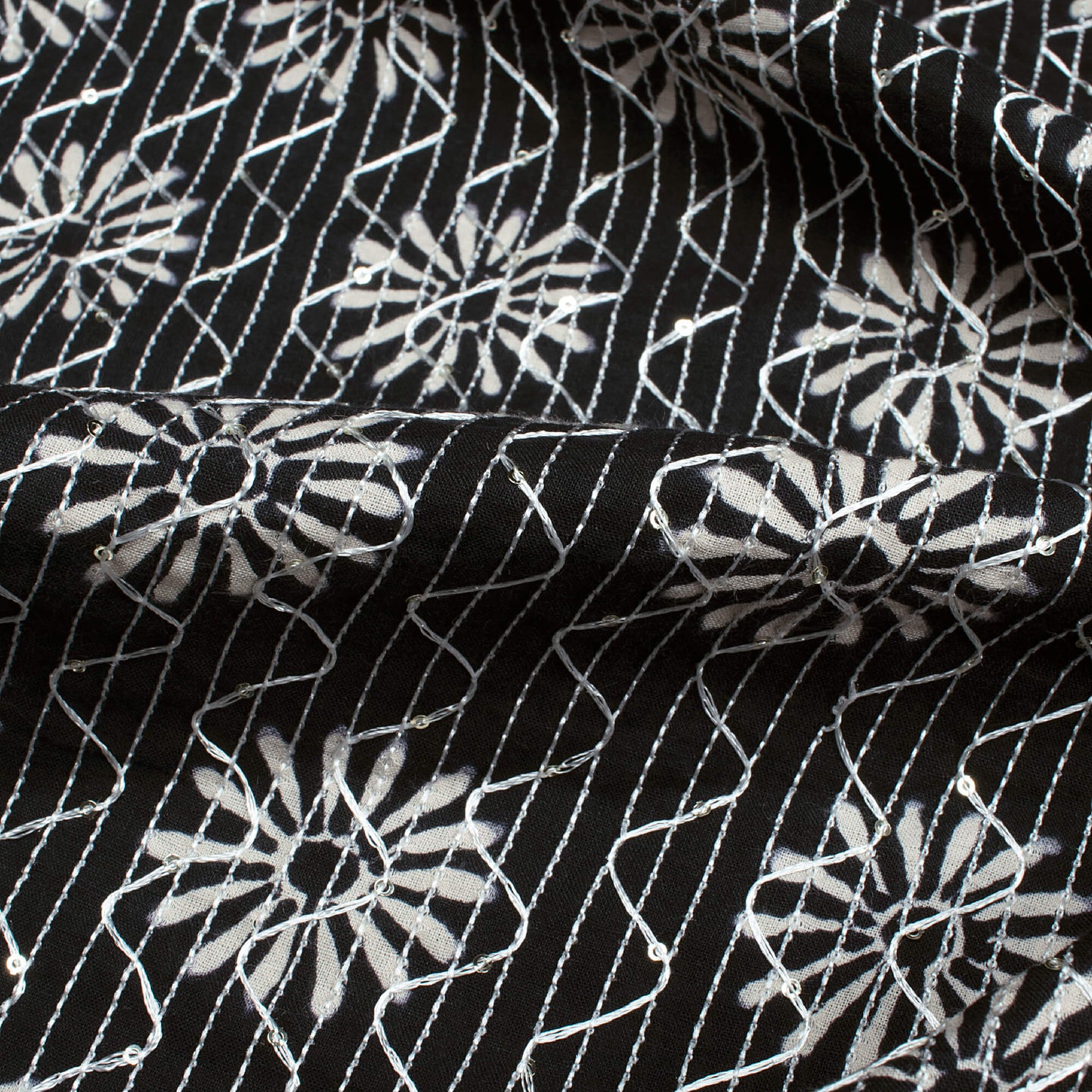Monochrome Traditional Pattern Sequins Embroidery Handblock Cotton Fabric