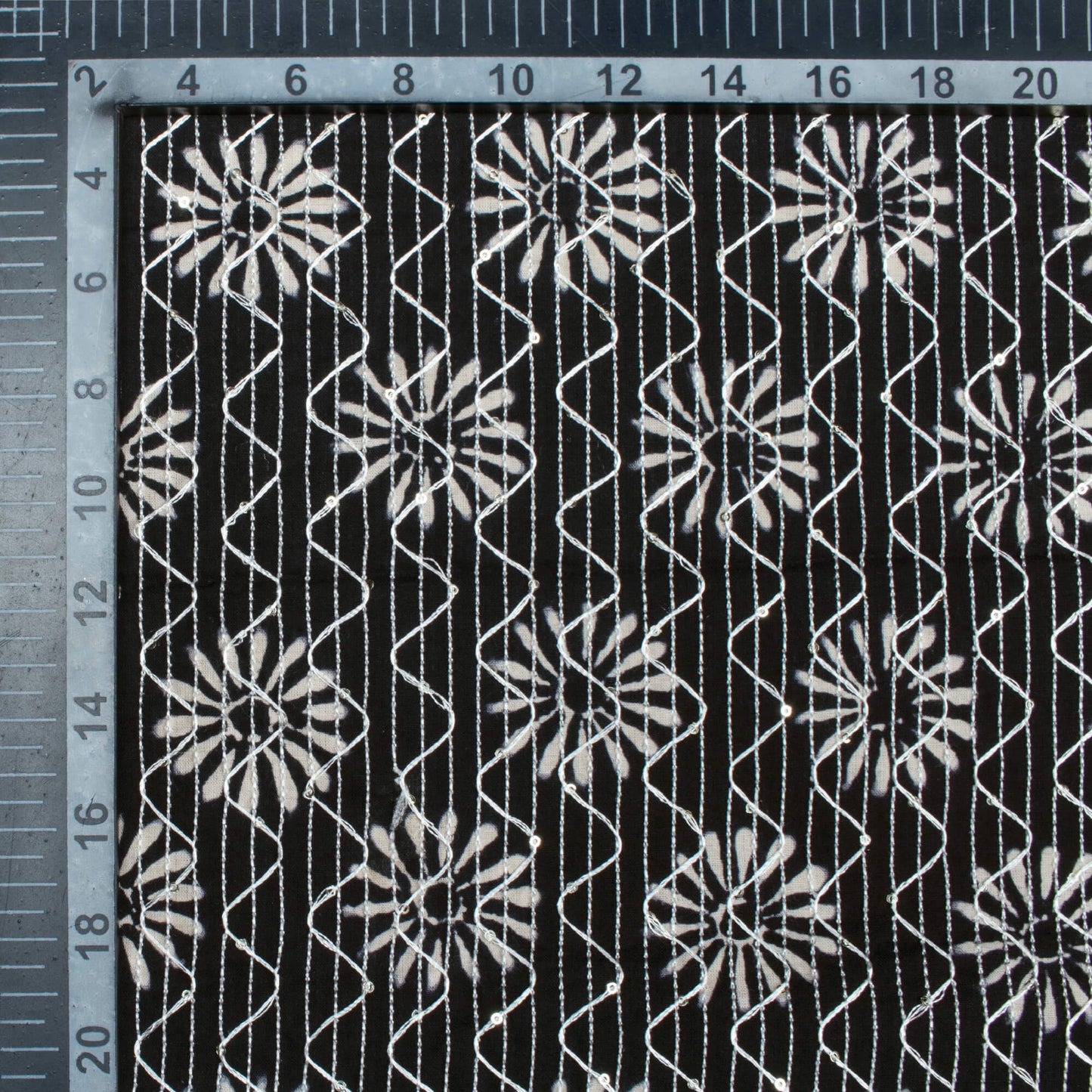 Monochrome Traditional Pattern Sequins Embroidery Handblock Cotton Fabric