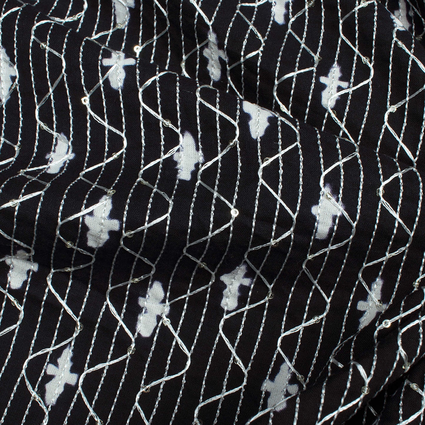 Monochrome Booti Pattern Sequins Embroidery Handblock Cotton Fabric