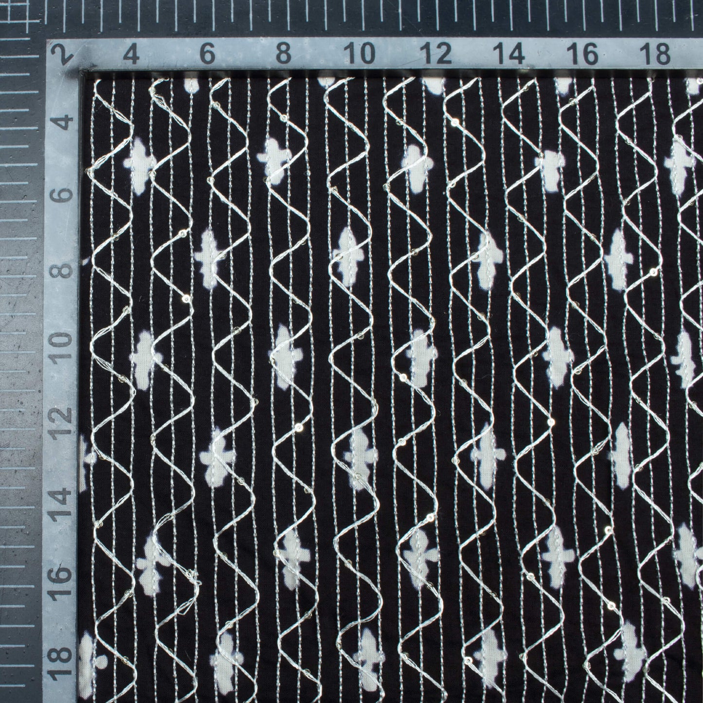 Monochrome Booti Pattern Sequins Embroidery Handblock Cotton Fabric