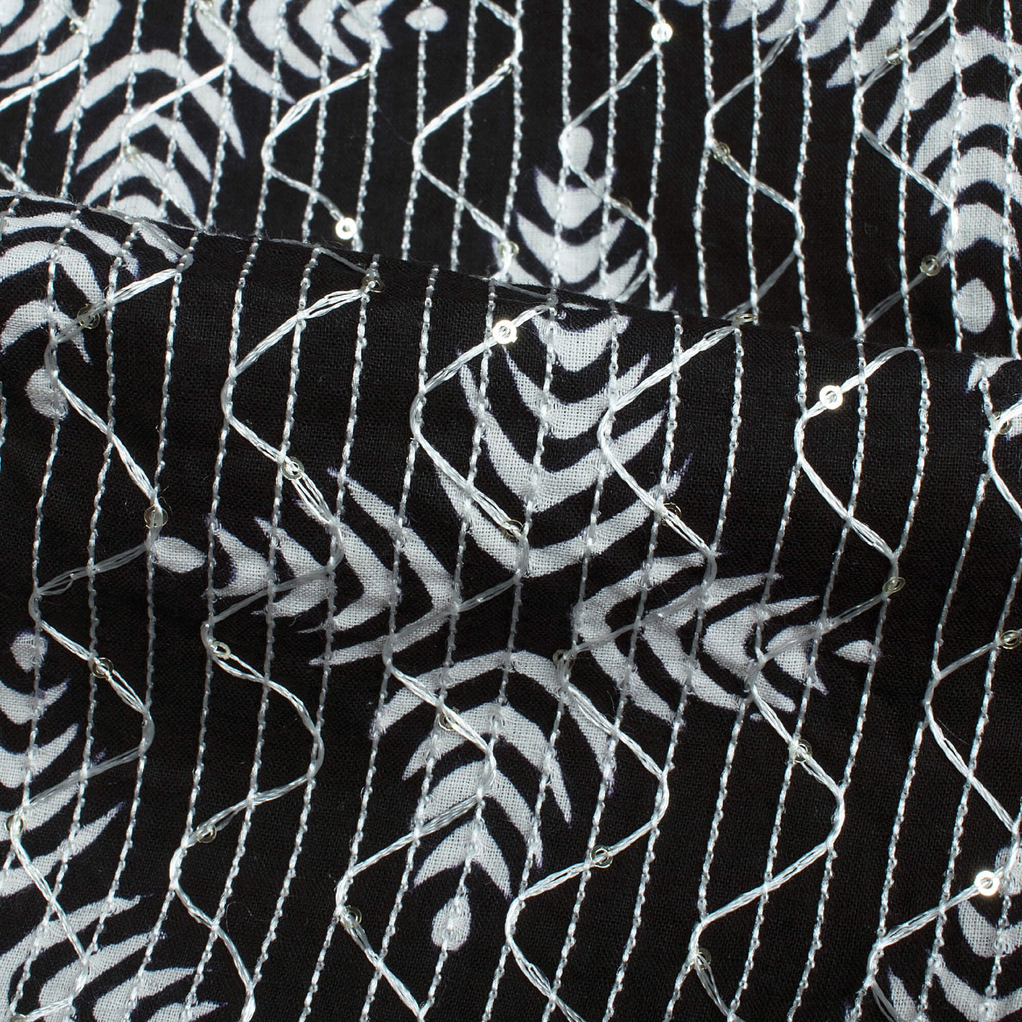 Monochrome Traditional Pattern Sequins Embroidery Handblock Cotton Fabric