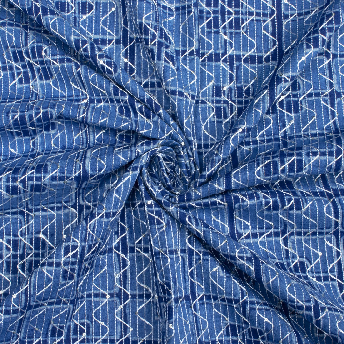 Indigo Geometric Pattern Sequins Embroidery Natural Dye Akola Handblock Cotton Fabric