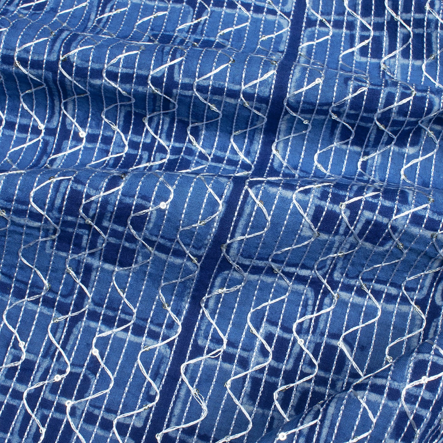 Indigo Geometric Pattern Sequins Embroidery Natural Dye Akola Handblock Cotton Fabric
