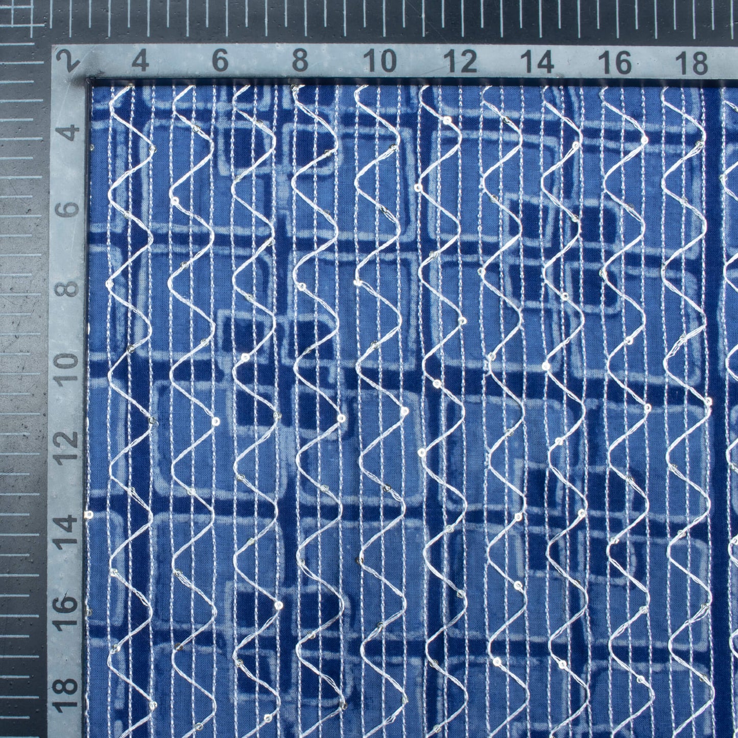 Indigo Geometric Pattern Sequins Embroidery Natural Dye Akola Handblock Cotton Fabric