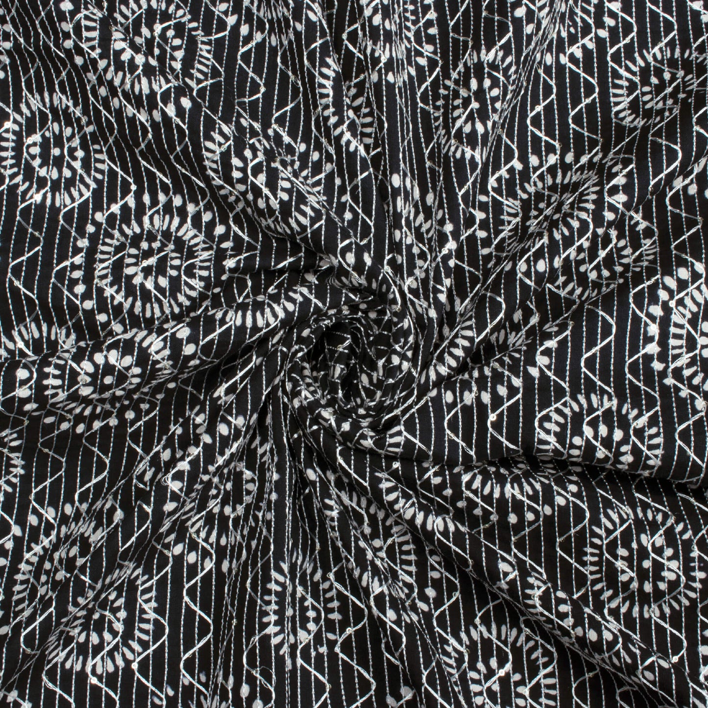 Monochrome Traditional Pattern Sequins Embroidery Handblock Cotton Fabric