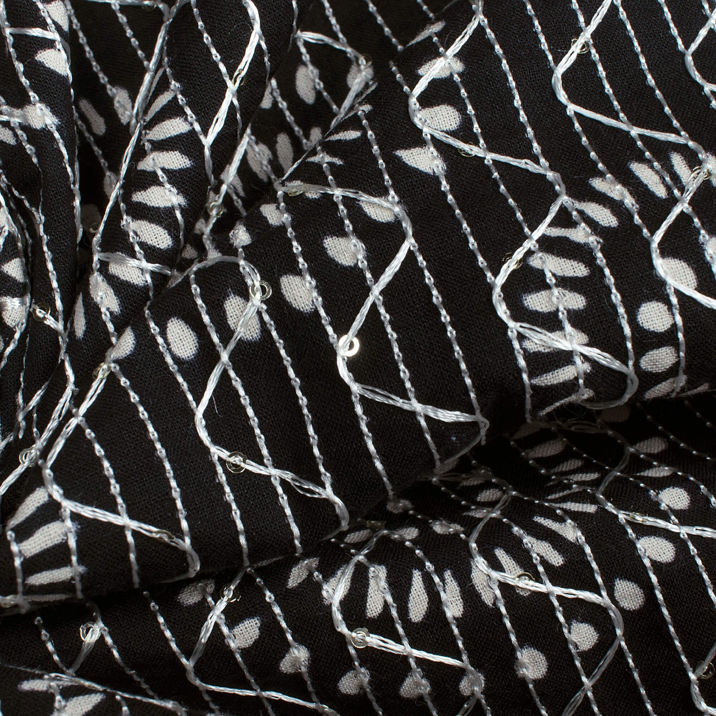 Monochrome Traditional Pattern Sequins Embroidery Handblock Cotton Fabric