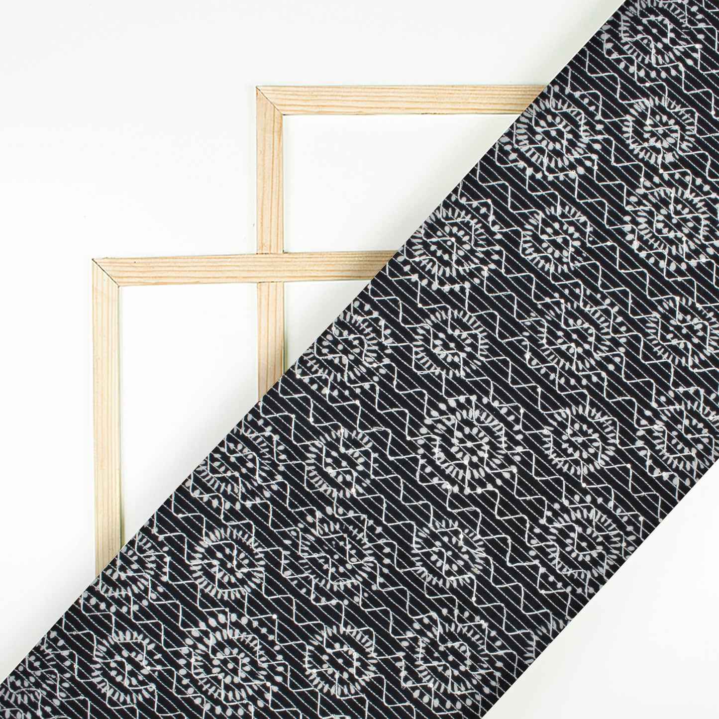 Monochrome Traditional Pattern Sequins Embroidery Handblock Cotton Fabric