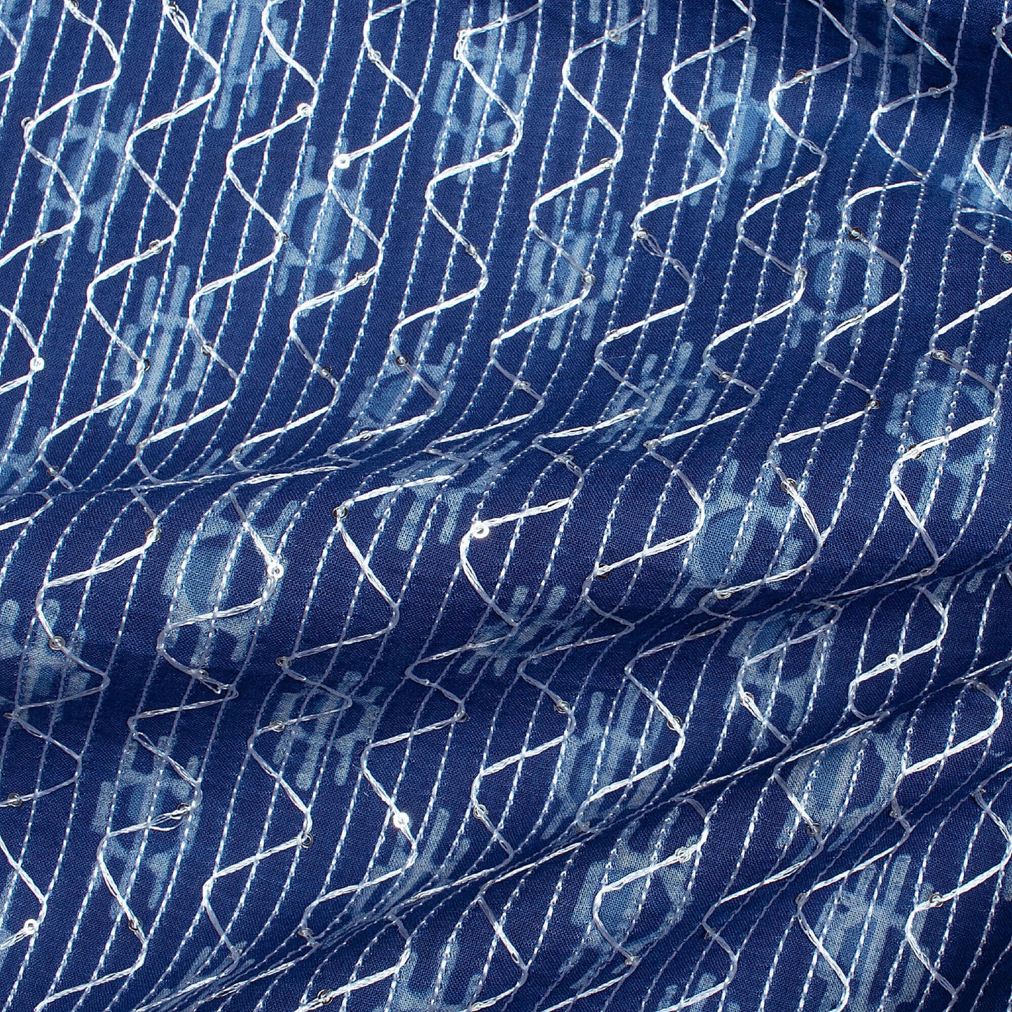 Indigo Booti Pattern Sequins Embroidery Natural Dye Akola Handblock Cotton Fabric