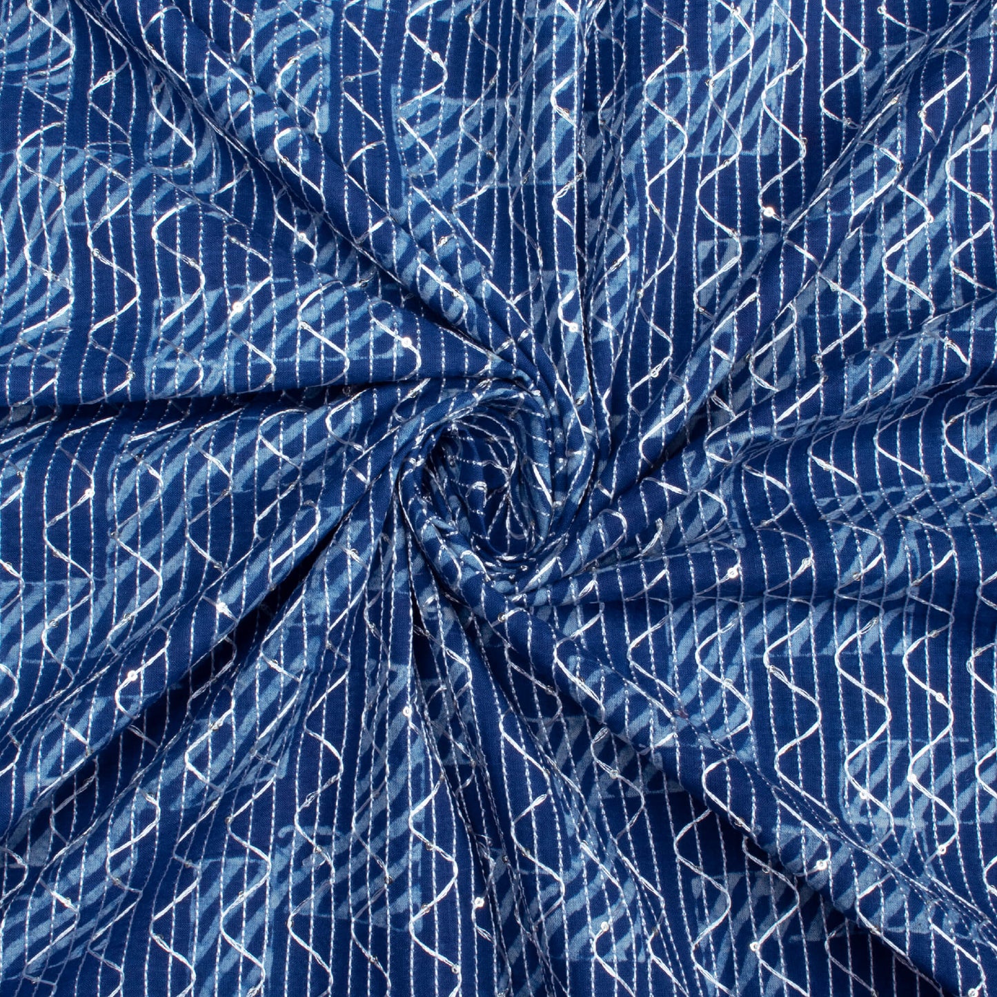 Indigo Geometric Pattern Sequins Embroidery Natural Dye Akola Handblock Cotton Fabric