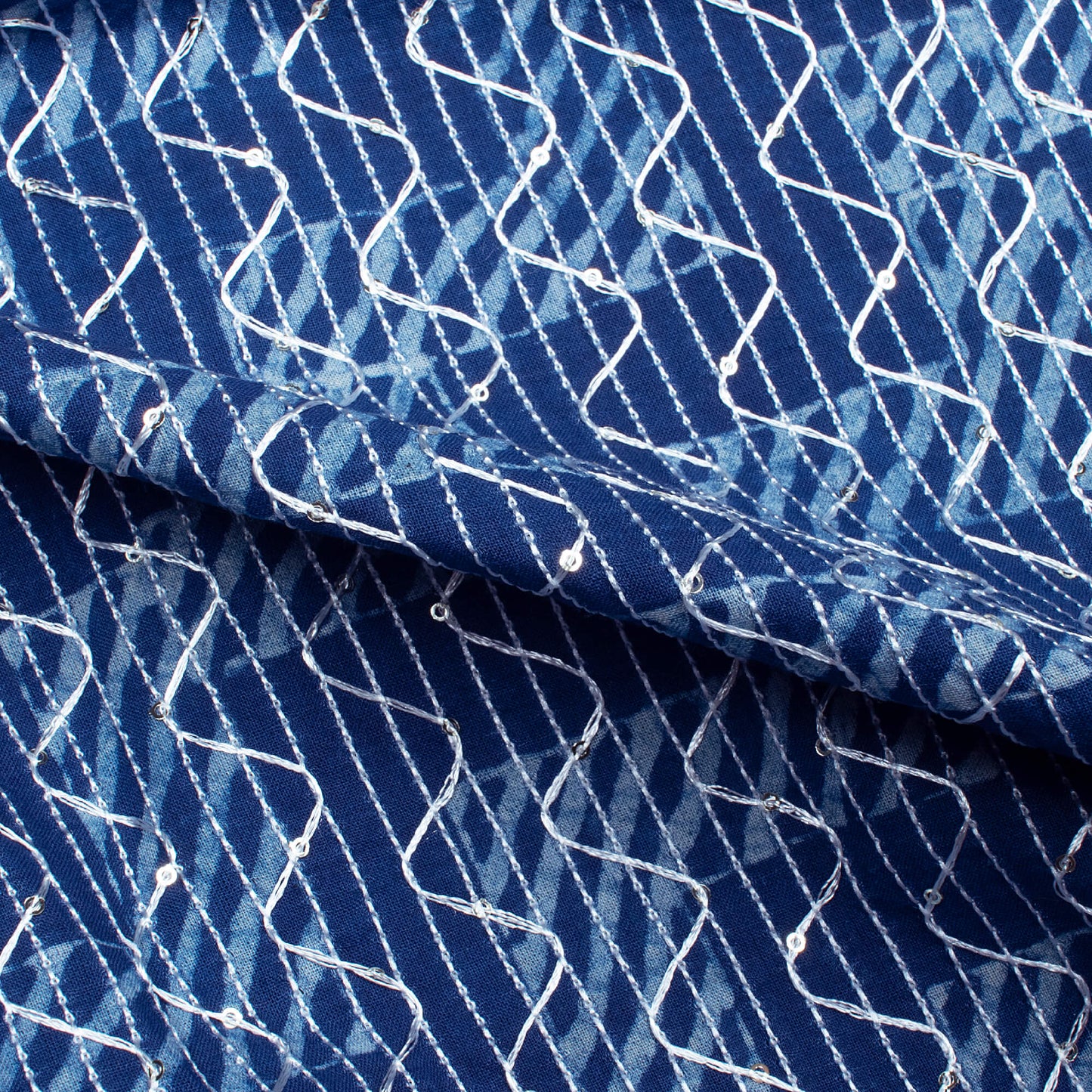Indigo Geometric Pattern Sequins Embroidery Natural Dye Akola Handblock Cotton Fabric