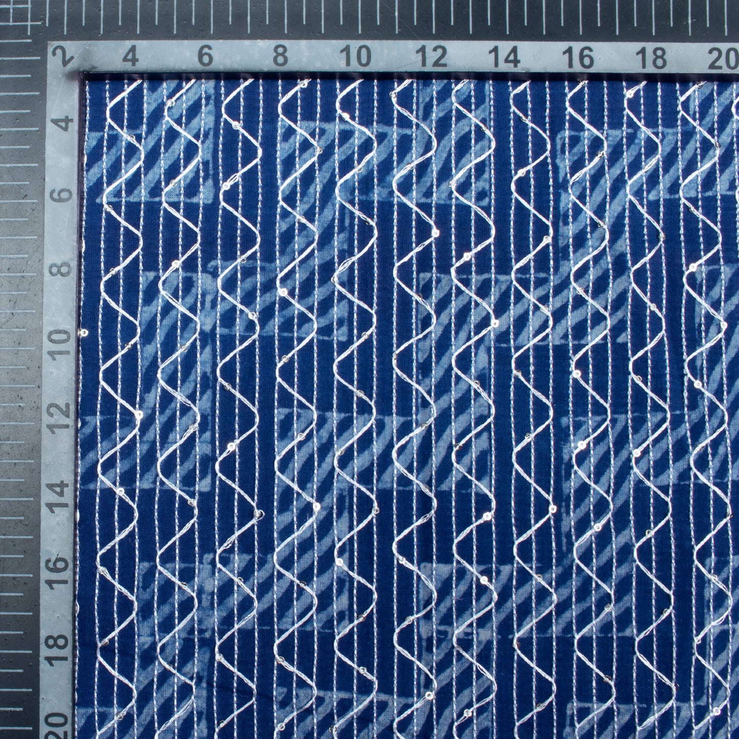 Indigo Geometric Pattern Sequins Embroidery Natural Dye Akola Handblock Cotton Fabric