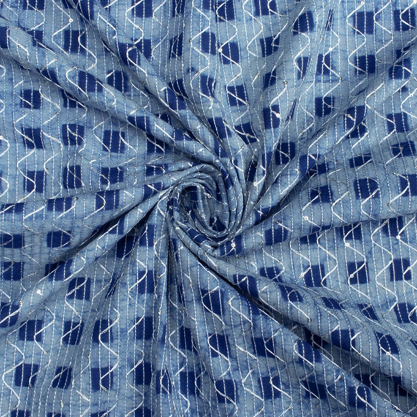 Indigo Checks Pattern Sequins Embroidery Natural Dye Akola Handblock Cotton Fabric