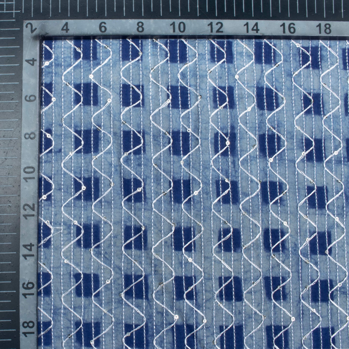 Indigo Checks Pattern Sequins Embroidery Natural Dye Akola Handblock Cotton Fabric