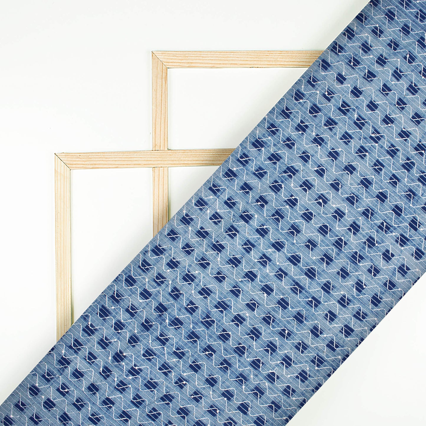 Indigo Checks Pattern Sequins Embroidery Natural Dye Akola Handblock Cotton Fabric