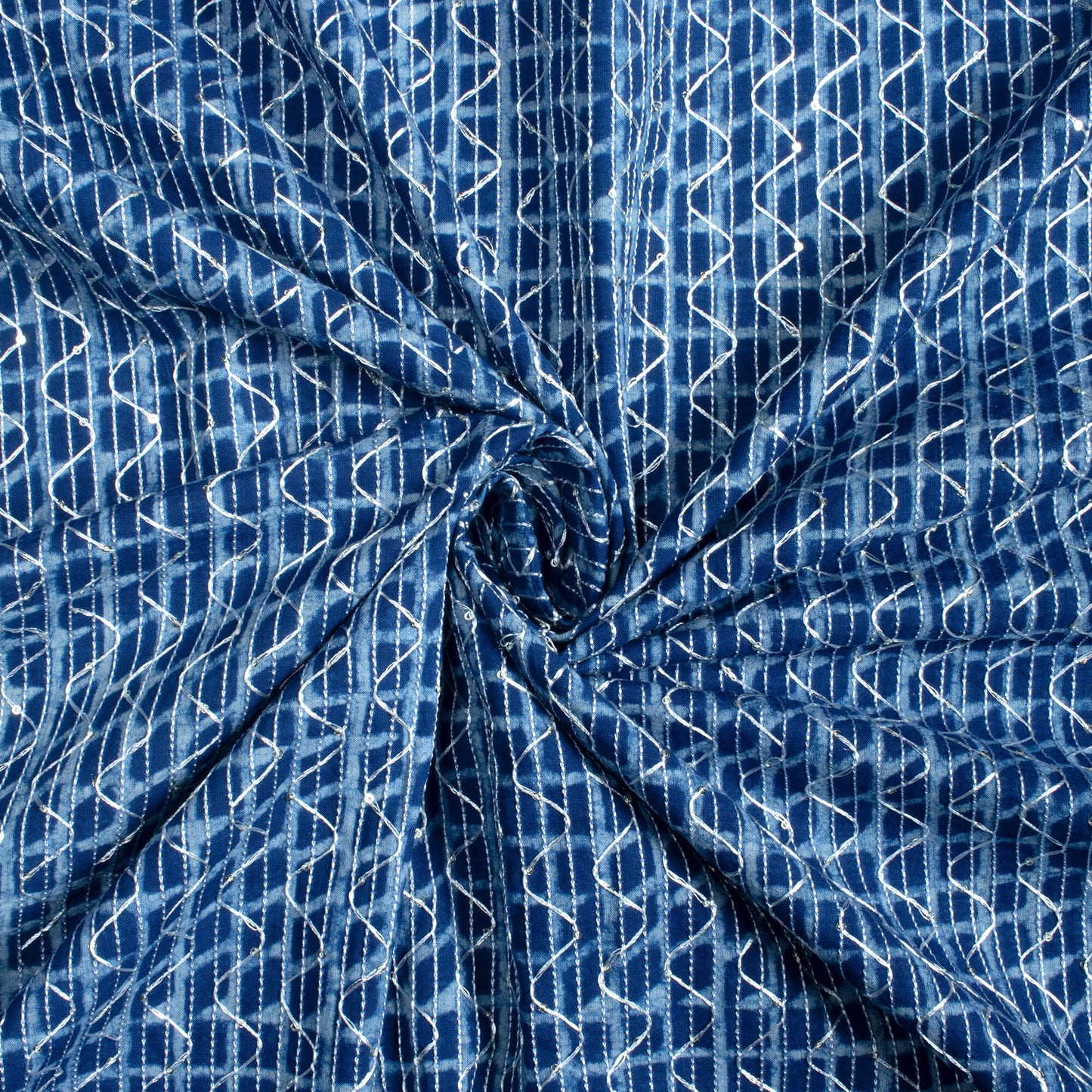 Indigo Geometric Pattern Sequins Embroidery Natural Dye Akola Handblock Cotton Fabric