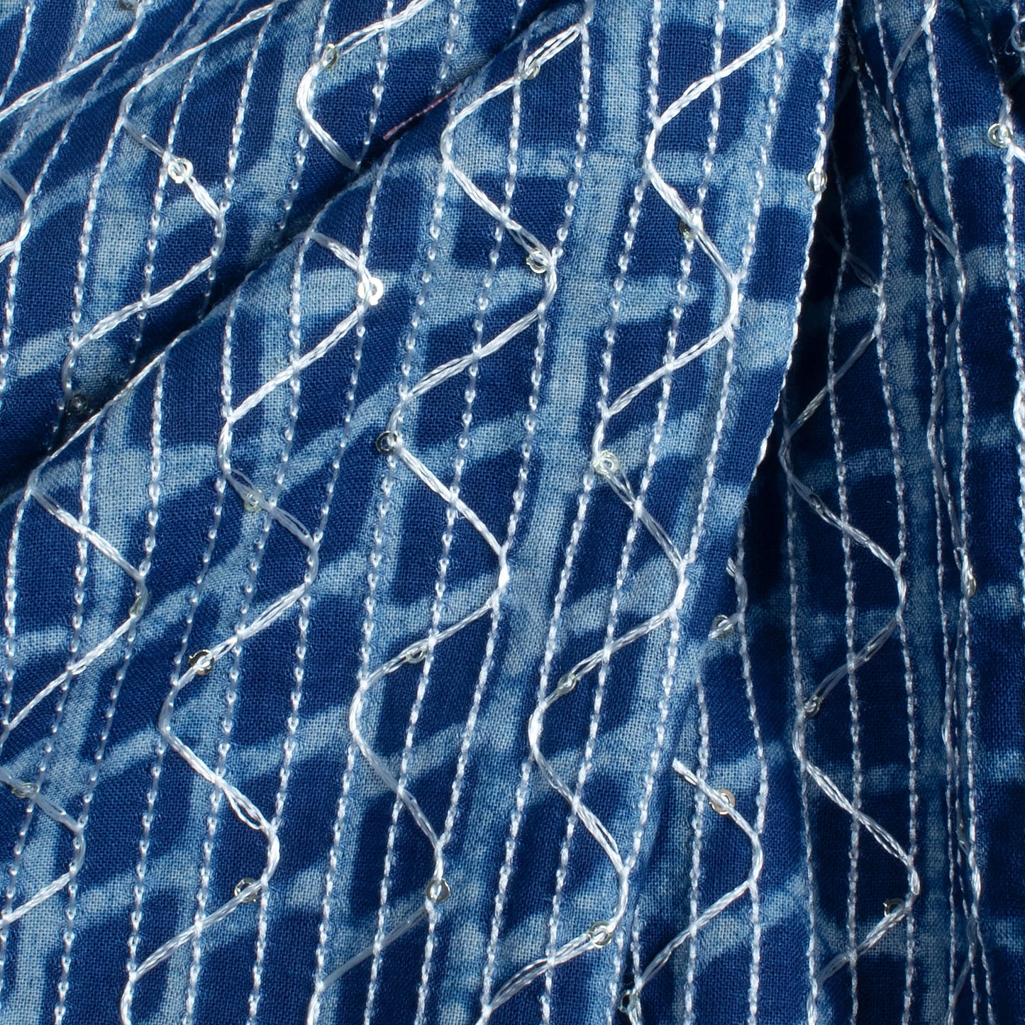 Indigo Geometric Pattern Sequins Embroidery Natural Dye Akola Handblock Cotton Fabric