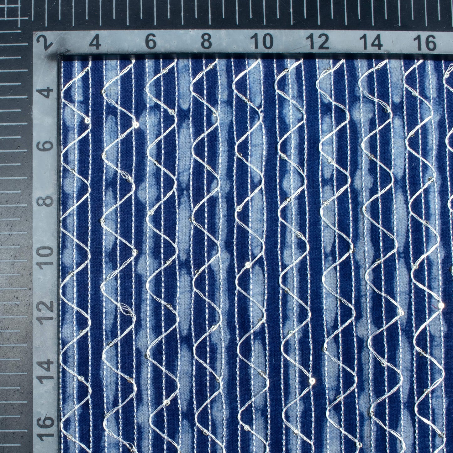 Indigo Stripes Pattern Sequins Embroidery Natural Dye Akola Handblock Cotton Fabric