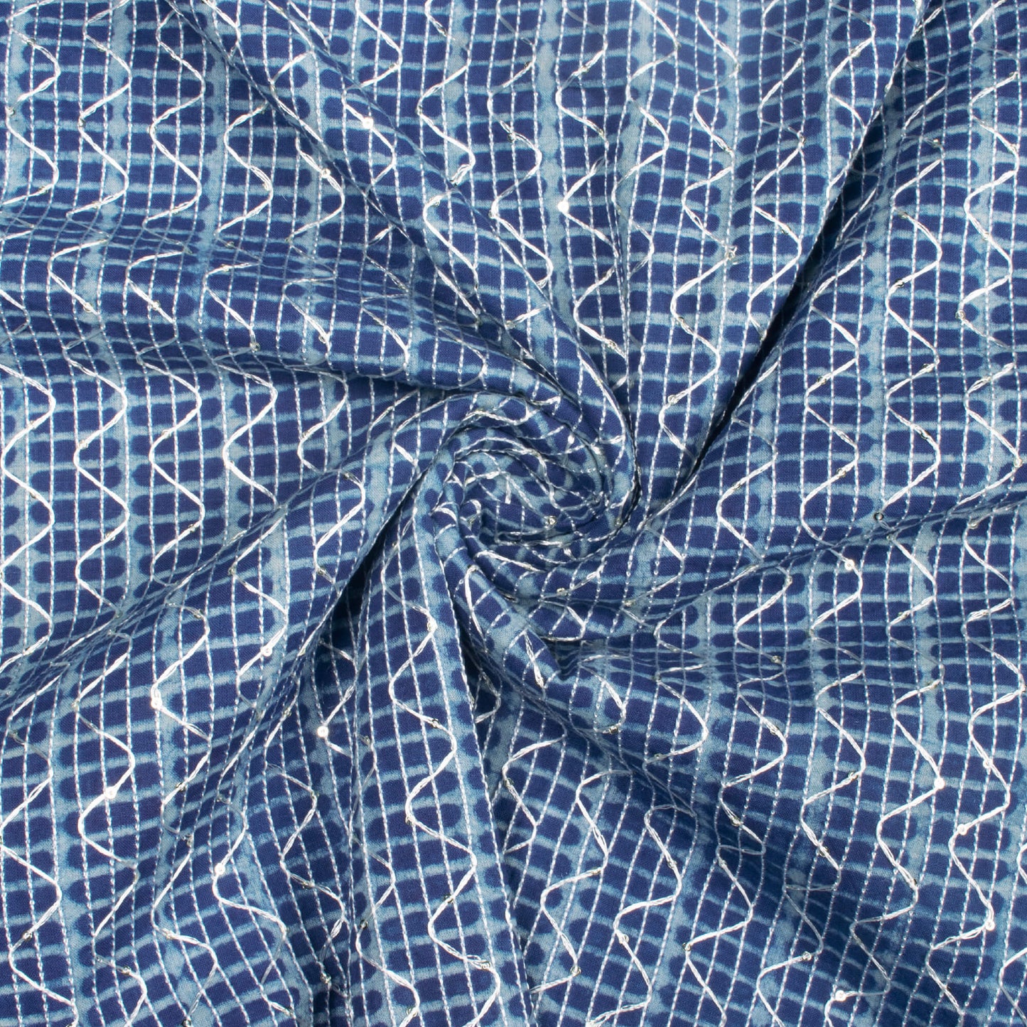 Indigo Geometric Pattern Sequins Embroidery Natural Dye Akola Handblock Cotton Fabric