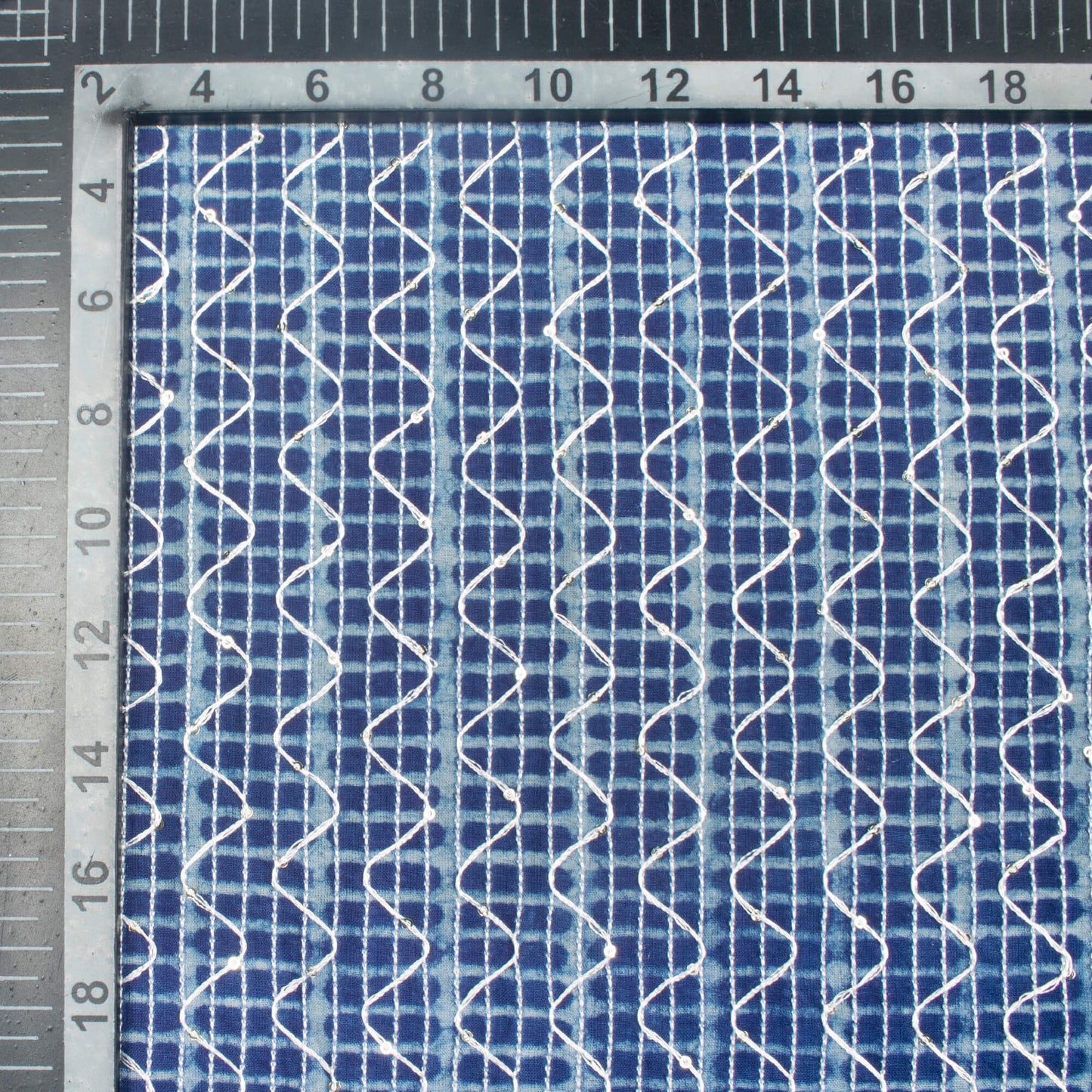 Indigo Geometric Pattern Sequins Embroidery Natural Dye Akola Handblock Cotton Fabric