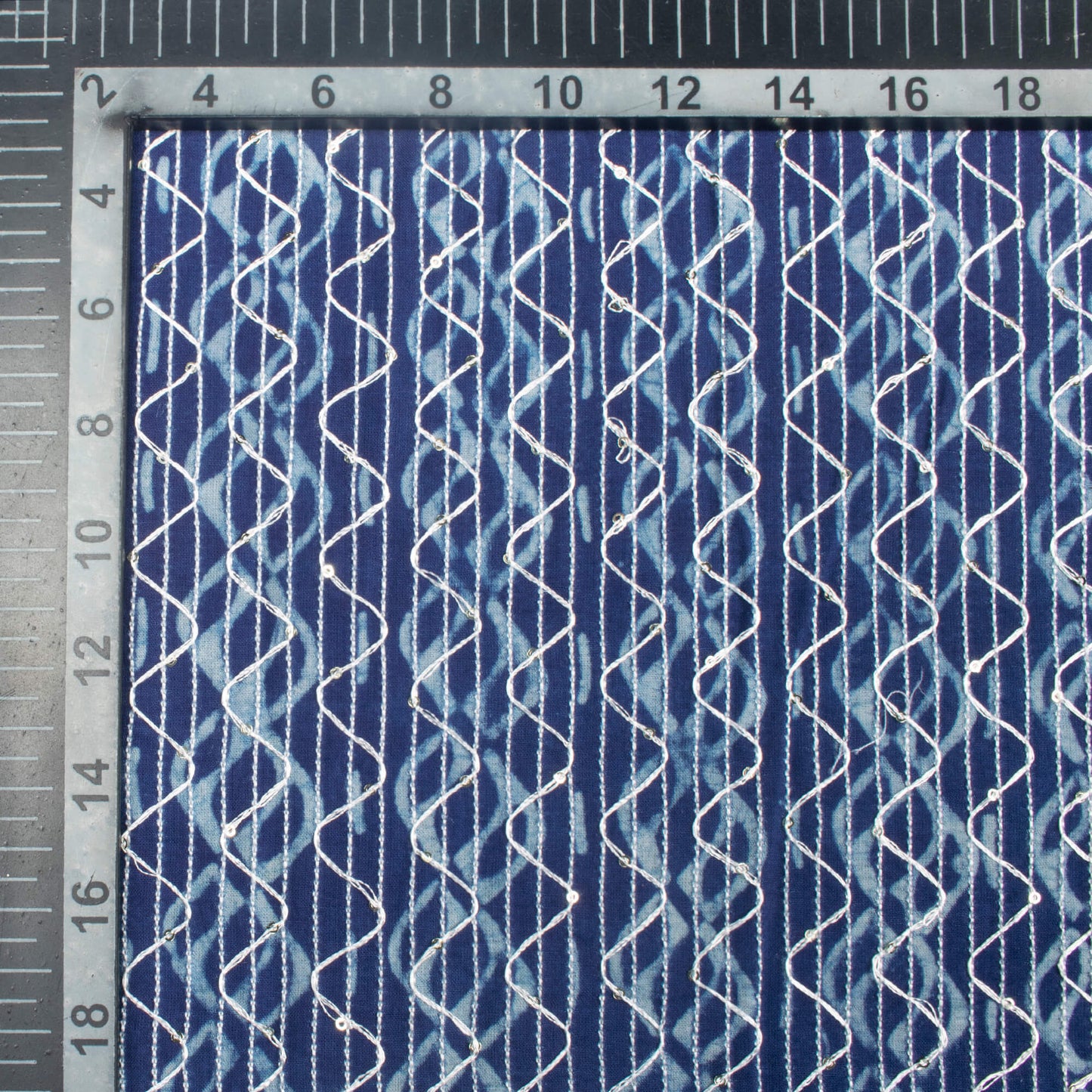 Indigo Stripes Pattern Sequins Embroidery Natural Dye Akola Handblock Cotton Fabric