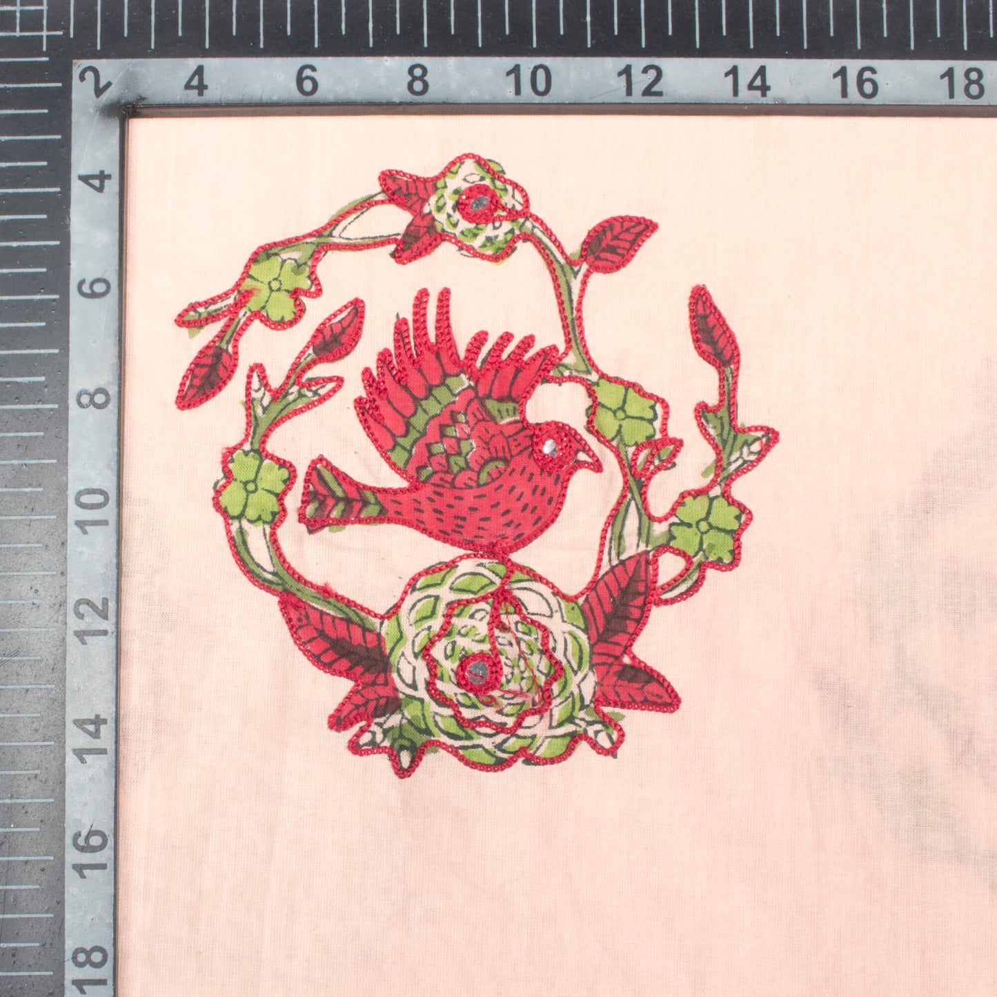 Dusty Peach And Red Bird Pattern Embroidery With Foil Mirror Work Handblock Cotton Fabric