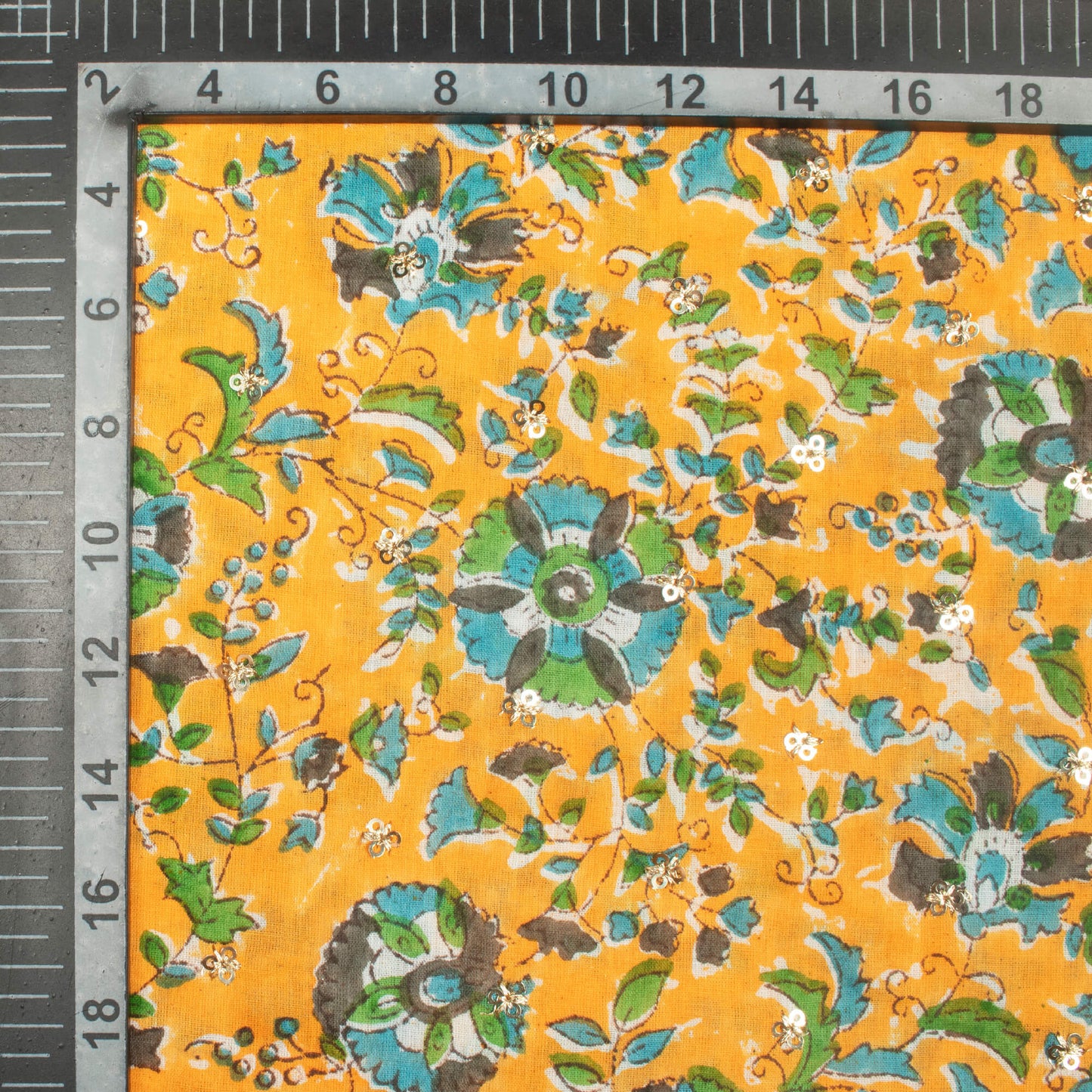 Honey Yellow And True Blue Floral Pattern Booti Sequins Handblock Cotton Mulmul Fabric