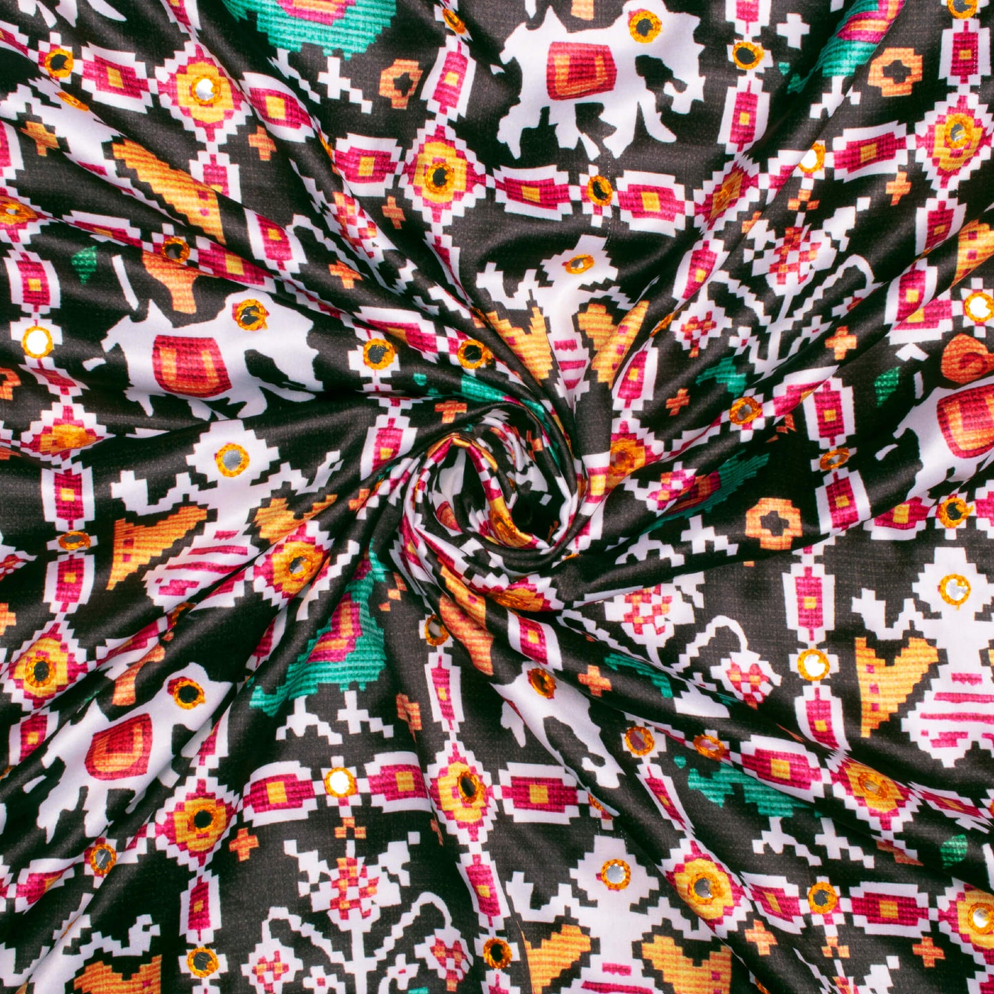 Black Patola Pattern Embroidery With Foil Mirror Work Digital Print Charmeuse Satin Fabric (Width 58 Inches)