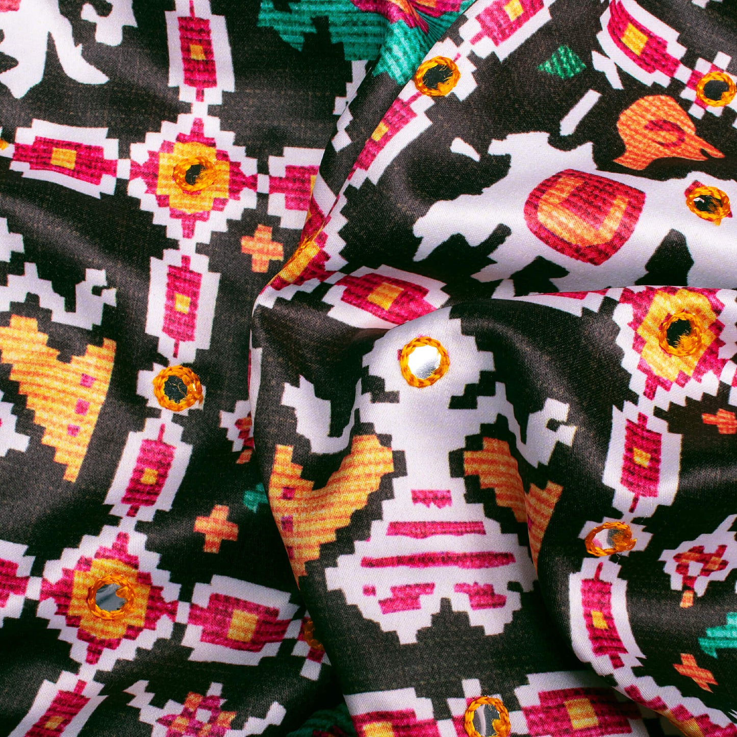 Black Patola Pattern Embroidery With Foil Mirror Work Digital Print Charmeuse Satin Fabric (Width 58 Inches)