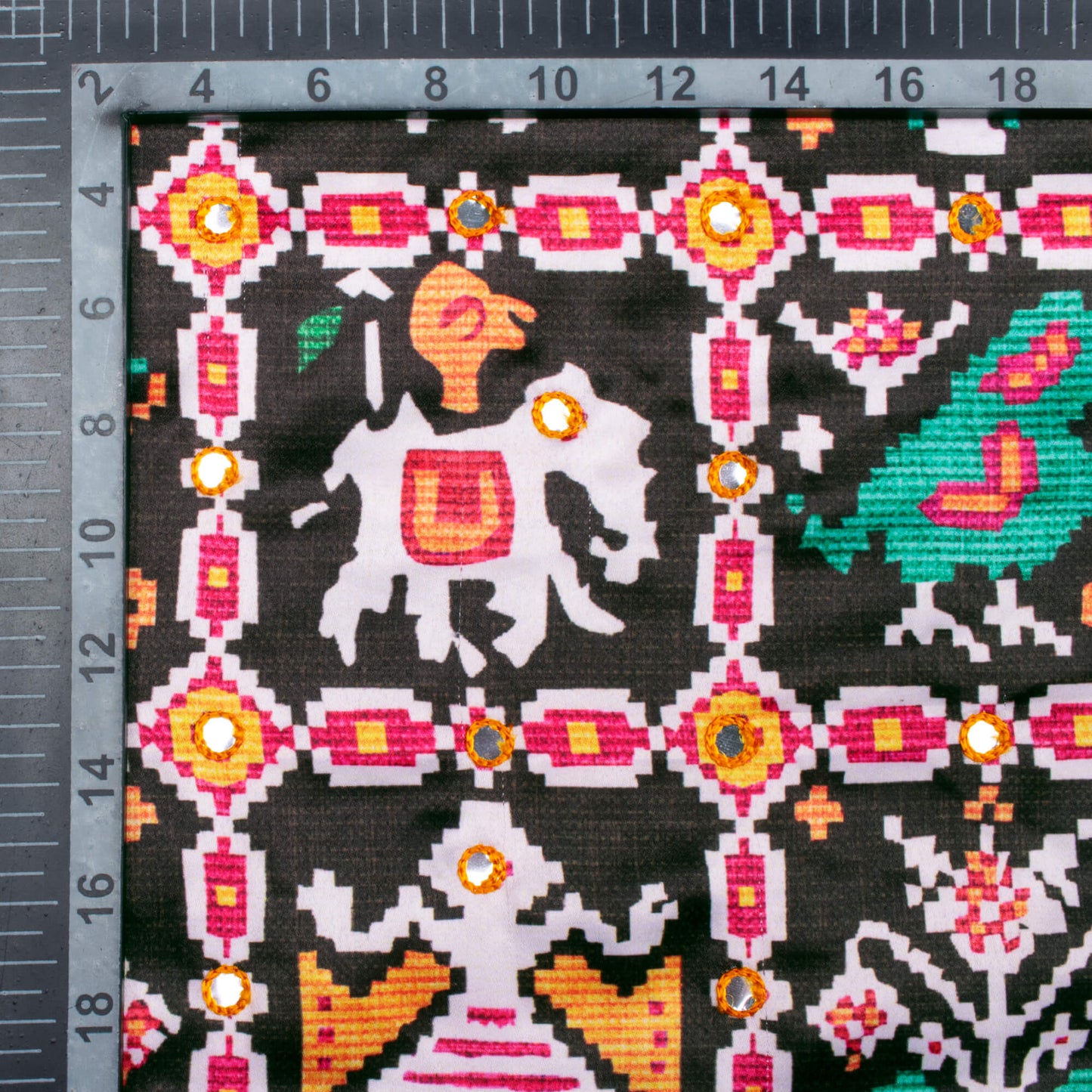 Black Patola Pattern Embroidery With Foil Mirror Work Digital Print Charmeuse Satin Fabric (Width 58 Inches)