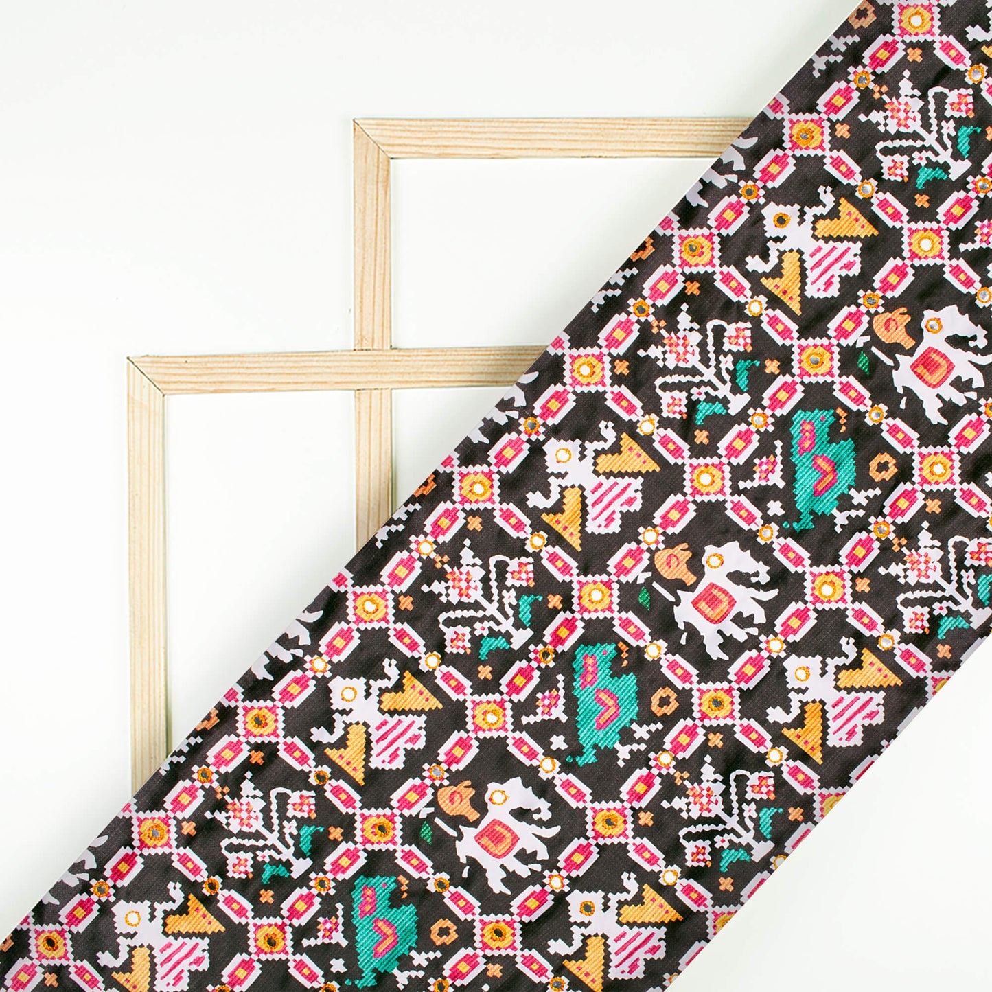Black Patola Pattern Embroidery With Foil Mirror Work Digital Print Charmeuse Satin Fabric (Width 58 Inches)