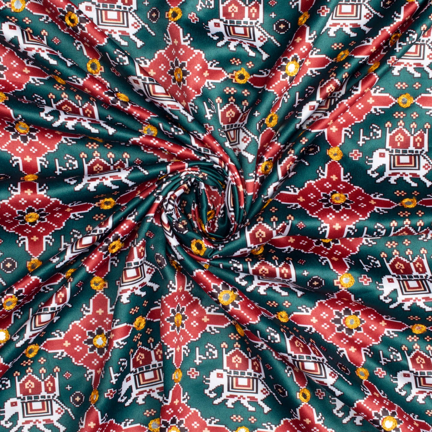 Bottle Green And Maroon Patola Pattern Embroidery With Foil Mirror Work Digital Print Charmeuse Satin Fabric (Width 58 Inches)