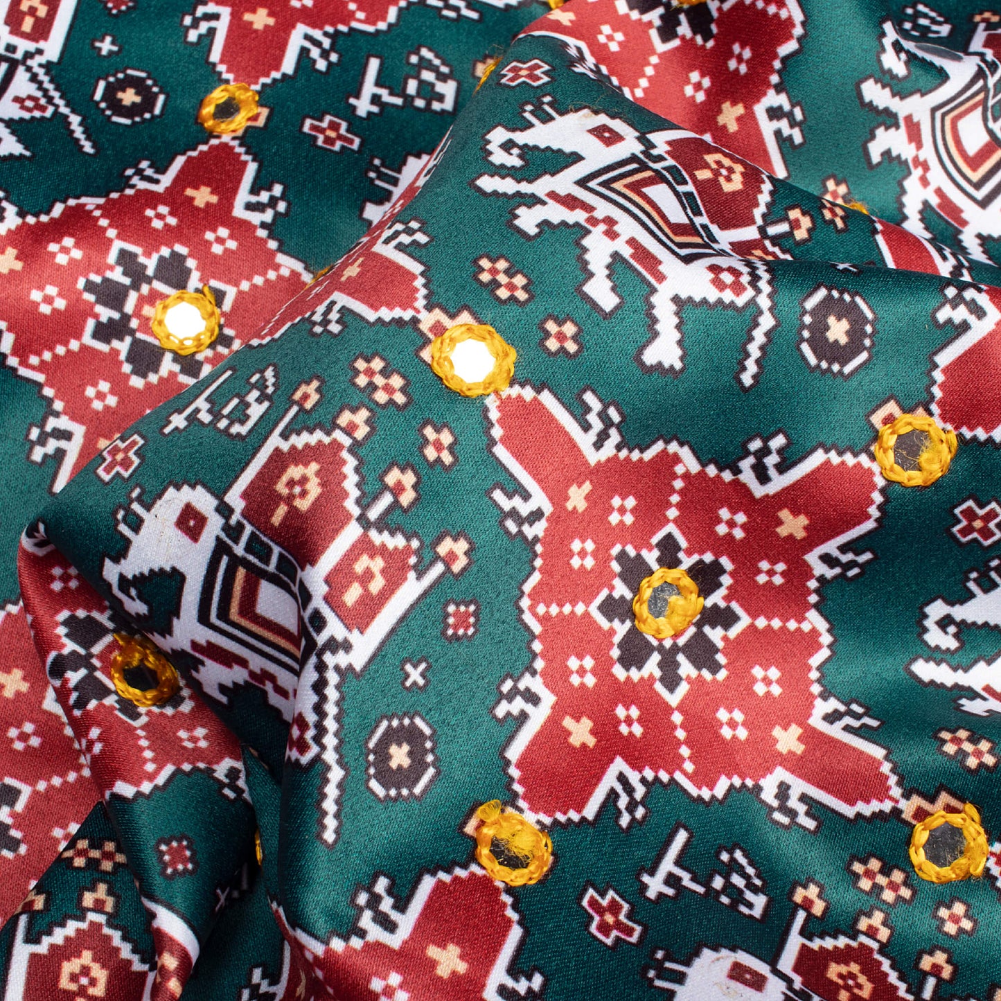 Bottle Green And Maroon Patola Pattern Embroidery With Foil Mirror Work Digital Print Charmeuse Satin Fabric (Width 58 Inches)