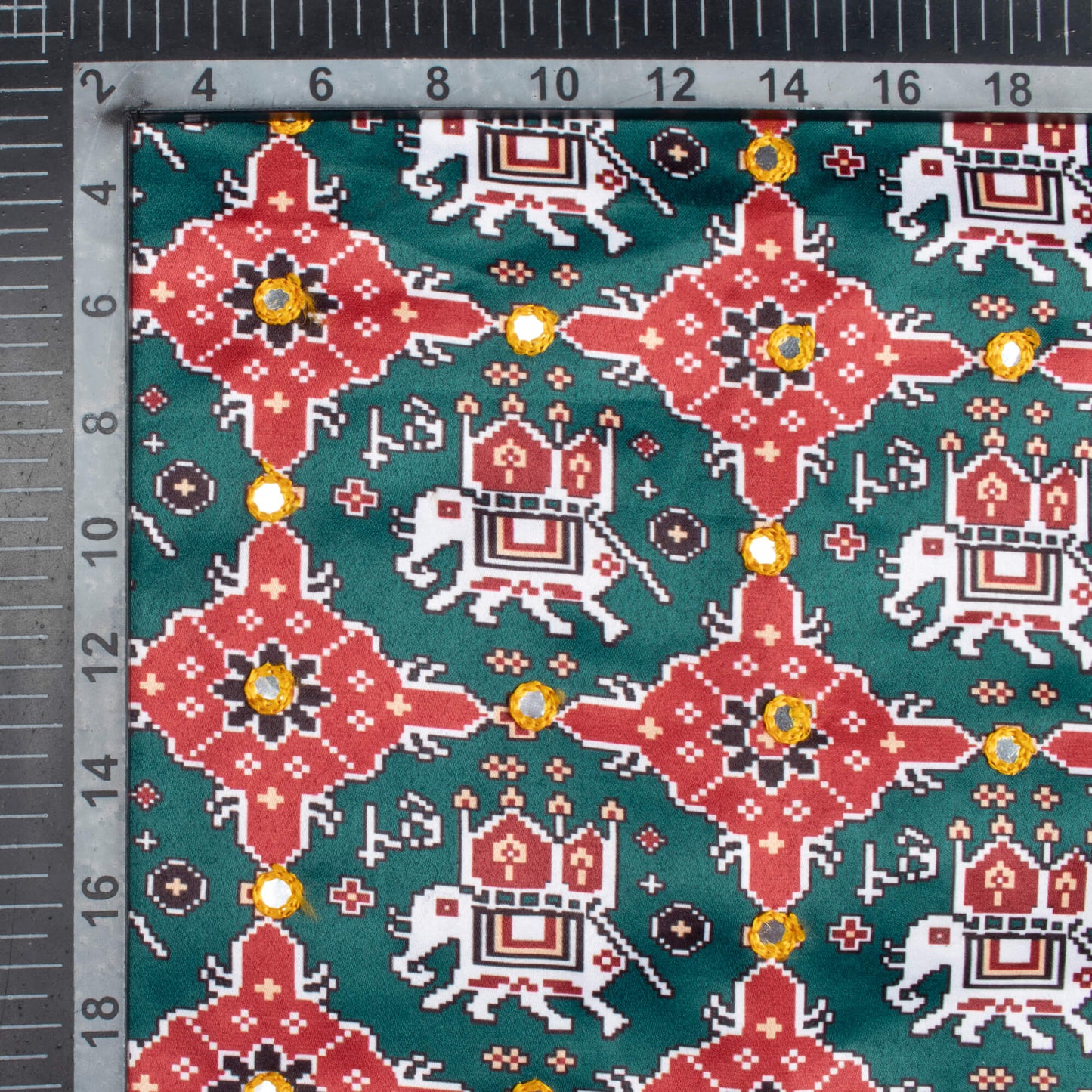 Bottle Green And Maroon Patola Pattern Embroidery With Foil Mirror Work Digital Print Charmeuse Satin Fabric (Width 58 Inches)