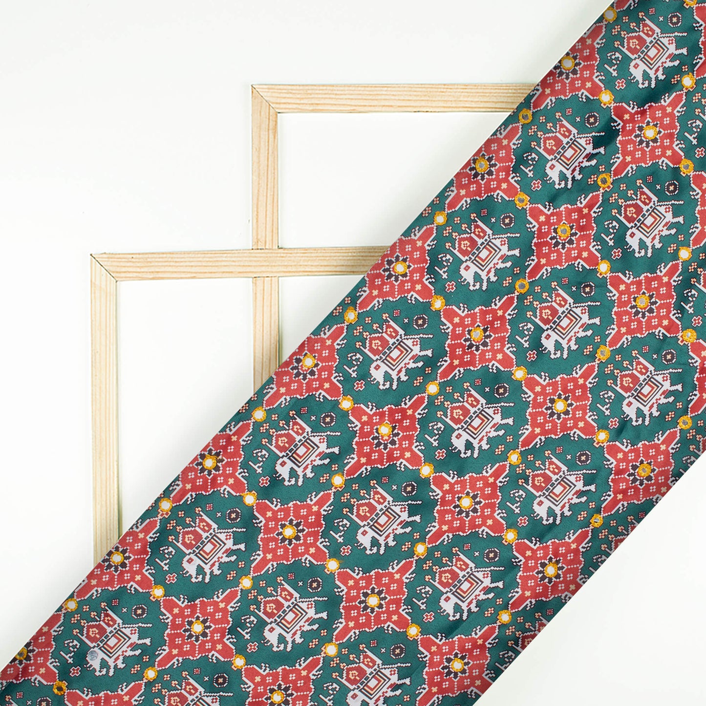 Bottle Green And Maroon Patola Pattern Embroidery With Foil Mirror Work Digital Print Charmeuse Satin Fabric (Width 58 Inches)