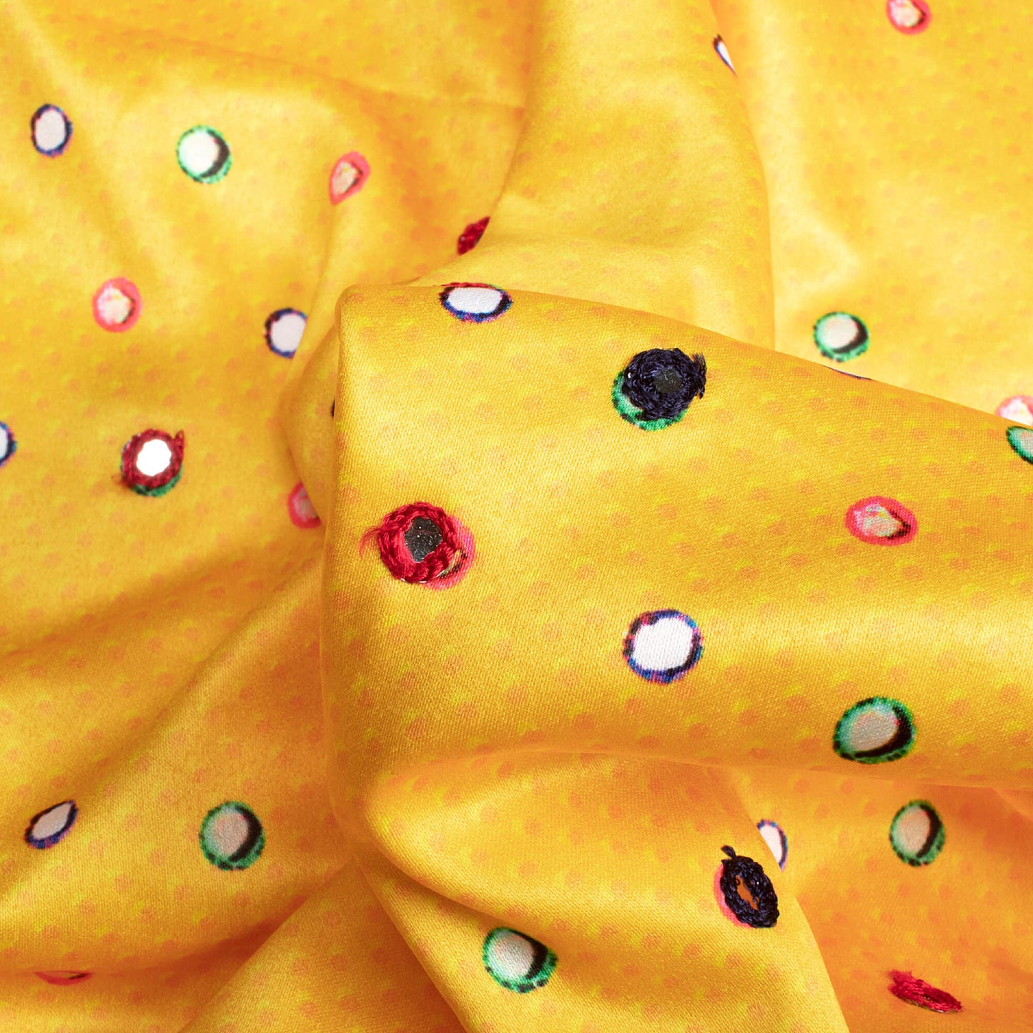 Marigold Yellow Gamthi Pattern Embroidery With Foil Mirror Work Digital Print Charmeuse Satin Fabric (Width 58 Inches)