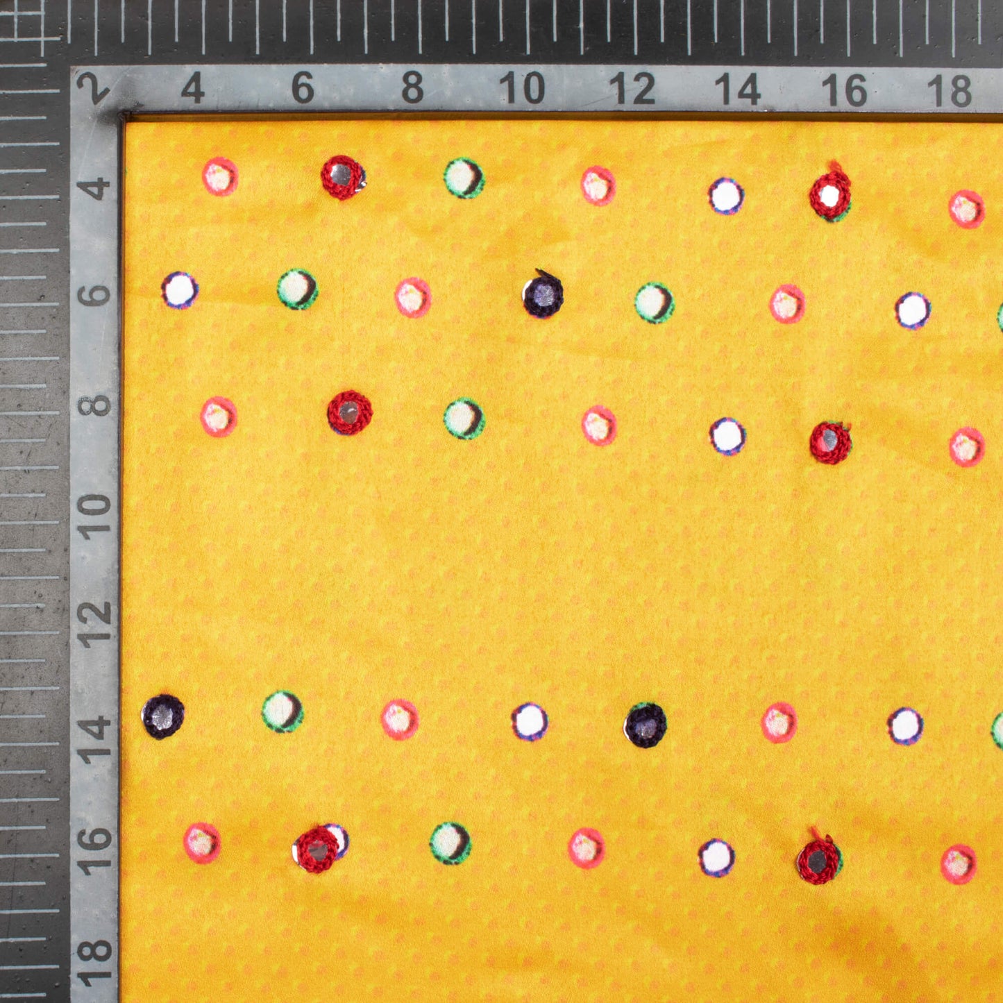 Marigold Yellow Gamthi Pattern Embroidery With Foil Mirror Work Digital Print Charmeuse Satin Fabric (Width 58 Inches)