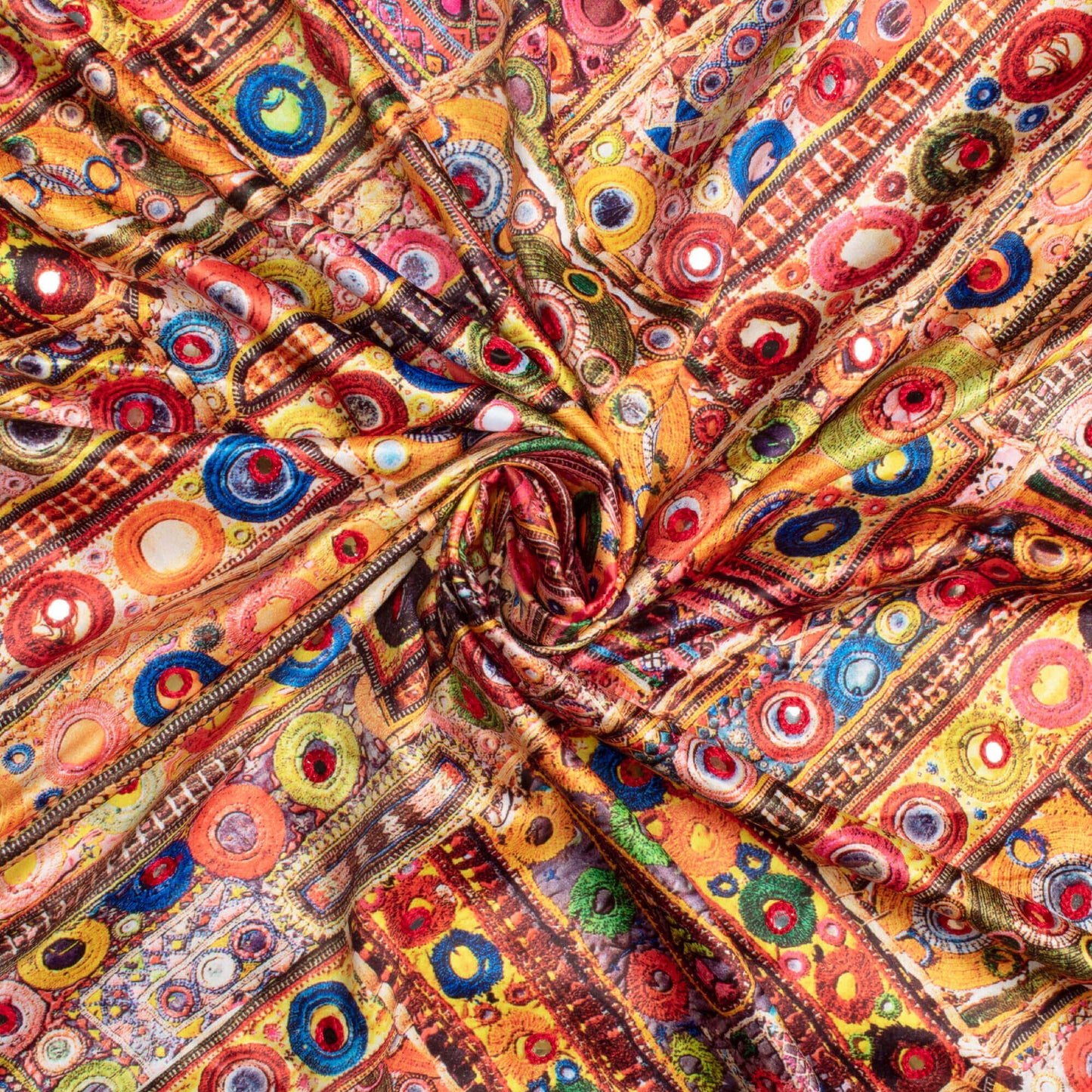 Multi-Color Gamthi Pattern Embroidery With Foil Mirror Work Digital Print Charmeuse Satin Fabric (Width 58 Inches)