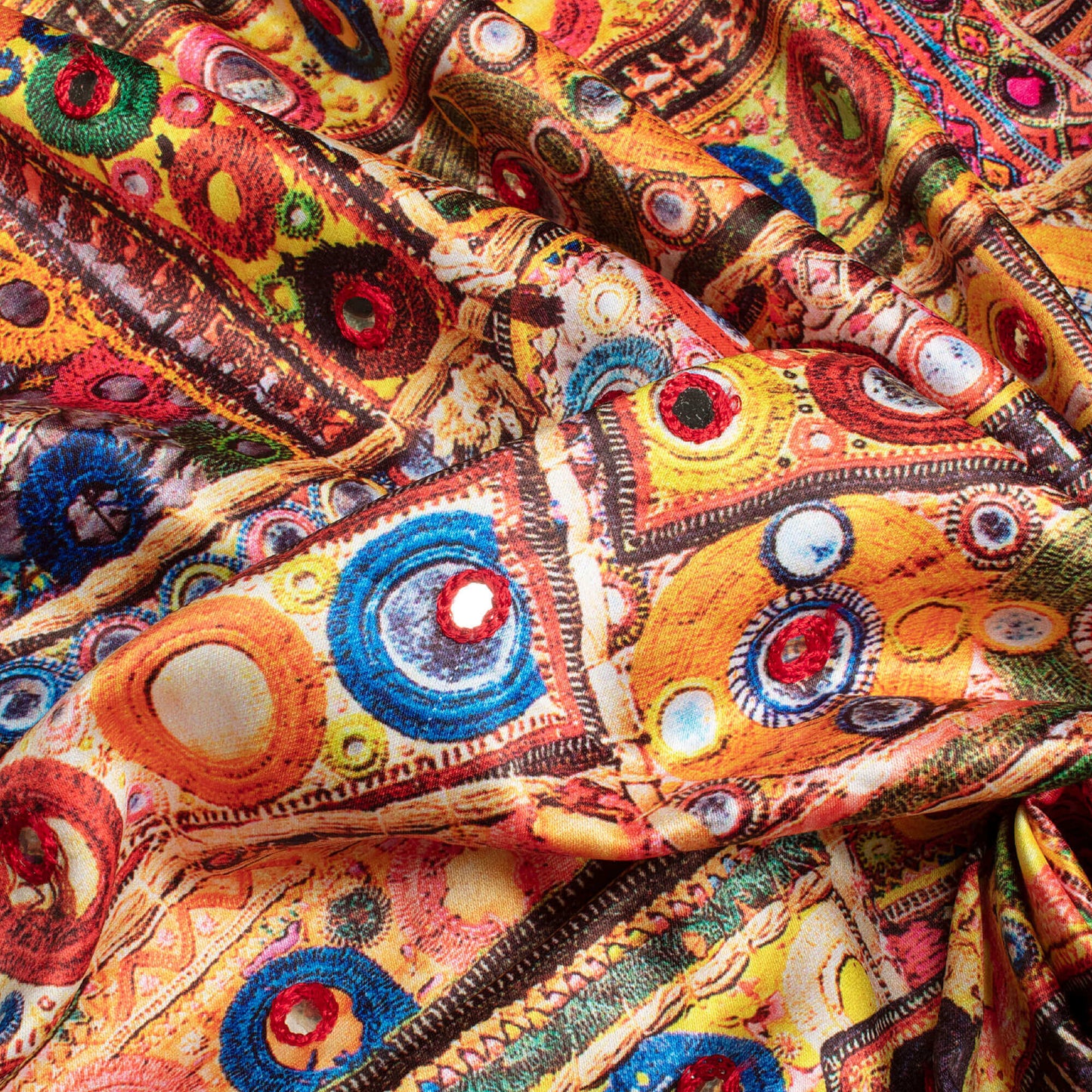 Multi-Color Gamthi Pattern Embroidery With Foil Mirror Work Digital Print Charmeuse Satin Fabric (Width 58 Inches)