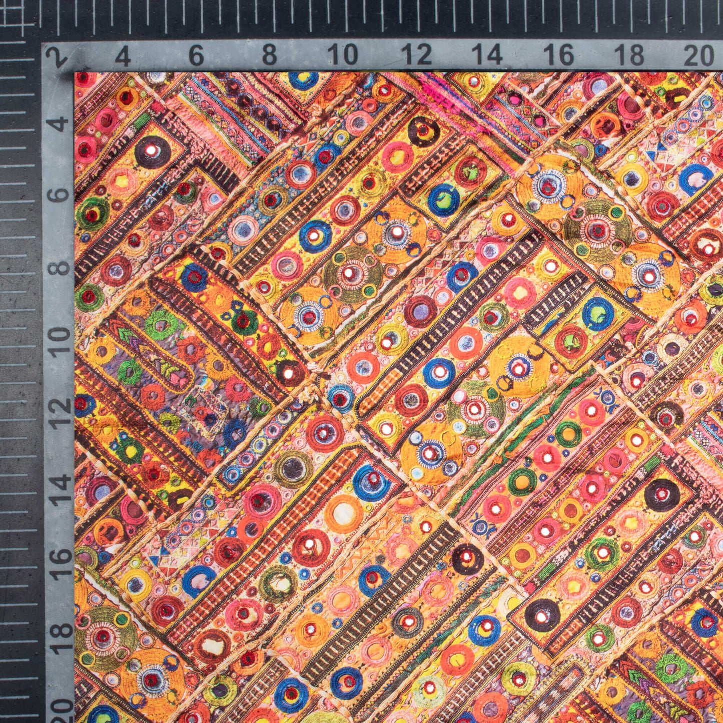 Multi-Color Gamthi Pattern Embroidery With Foil Mirror Work Digital Print Charmeuse Satin Fabric (Width 58 Inches)