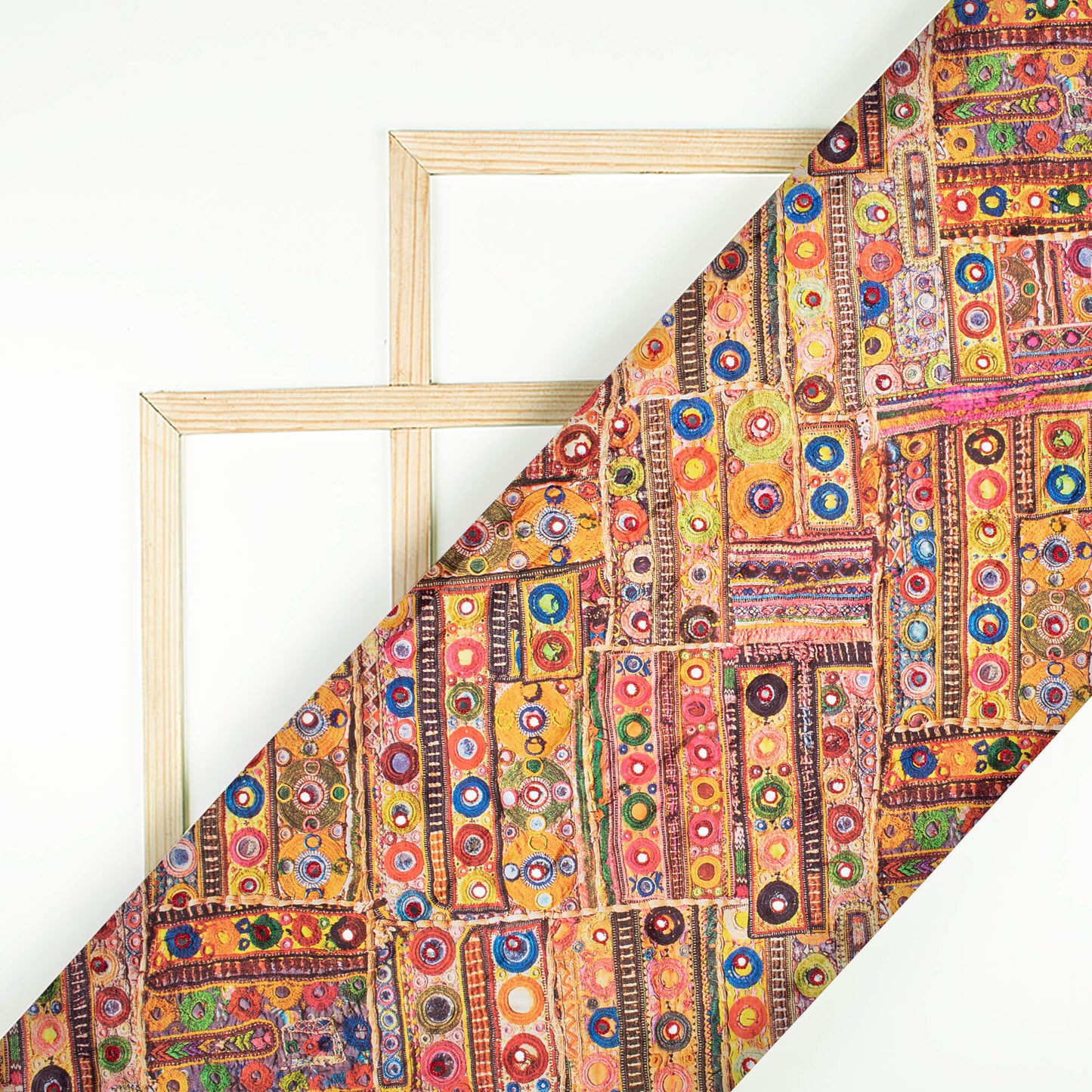 Multi-Color Gamthi Pattern Embroidery With Foil Mirror Work Digital Print Charmeuse Satin Fabric (Width 58 Inches)