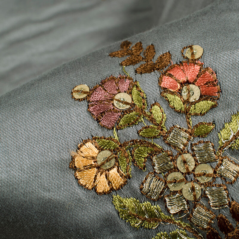 Grey And Brown Floral Pattern Embroidery Glaze Cotton Fabric - Fabcurate