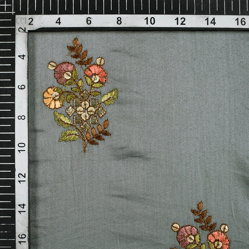 Grey And Brown Floral Pattern Embroidery Glaze Cotton Fabric - Fabcurate