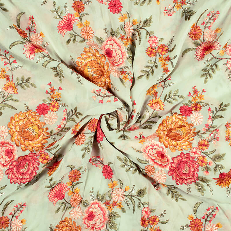 Light Pistachio Green And Red Floral Pattern Embroidery Pure Georgette Fabric - Fabcurate