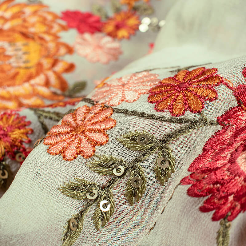 Light Pistachio Green And Red Floral Pattern Embroidery Pure Georgette Fabric - Fabcurate