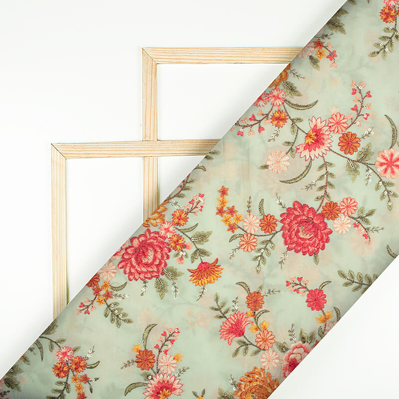 Light Pistachio Green And Red Floral Pattern Embroidery Pure Georgette Fabric - Fabcurate